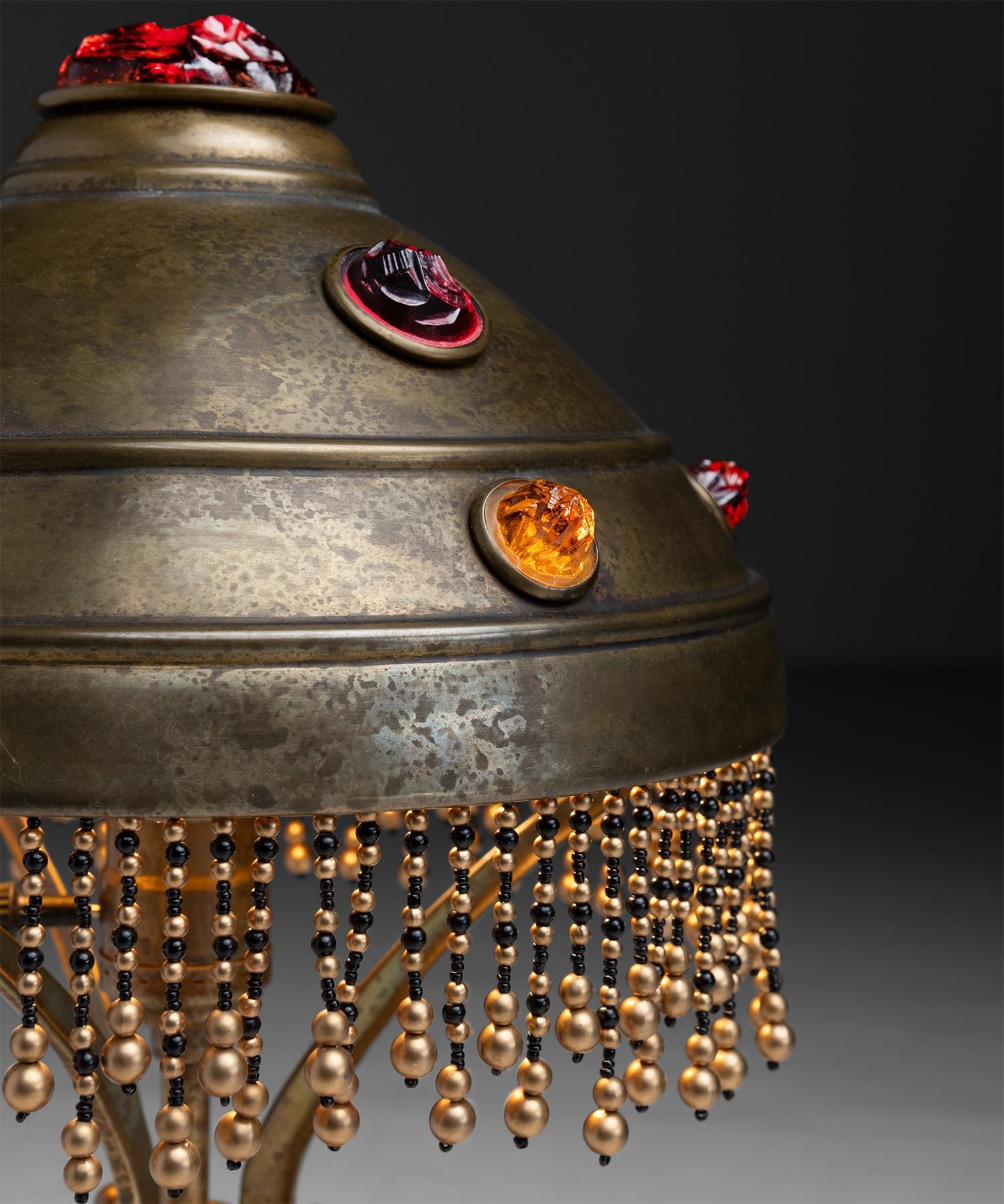 Early 20th Century Gilt Metal & Chunk Glass Table Lamp, Austria circa 1915