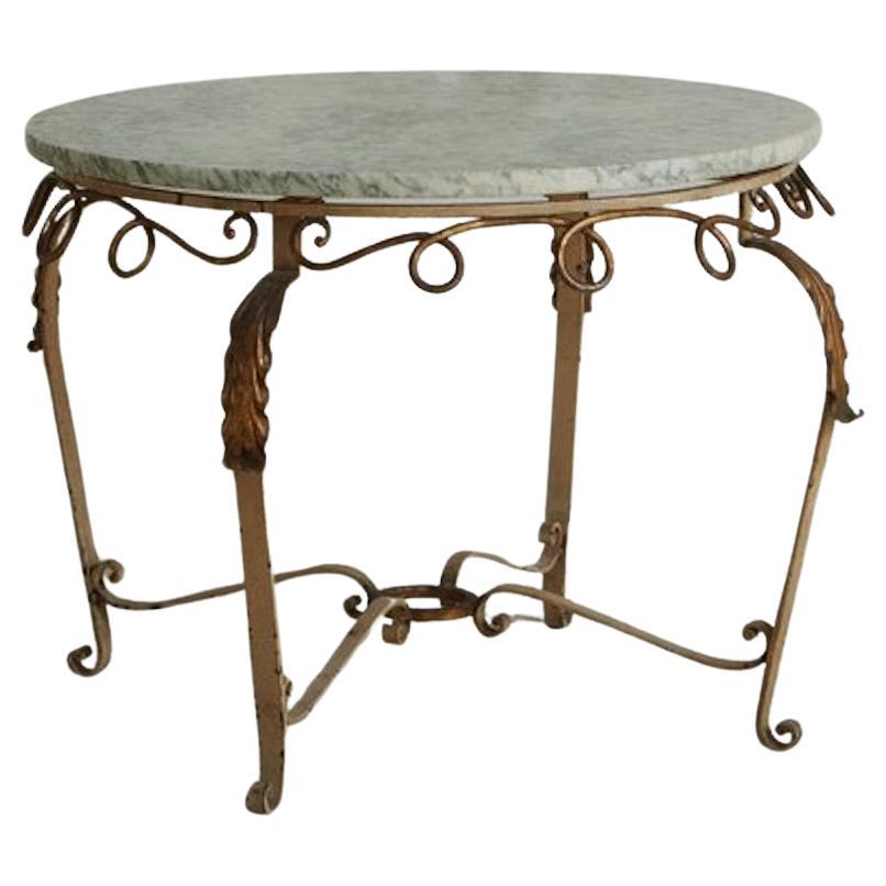 Gilt Metal Coffee Table With Marble Top, France 1970s For Sale