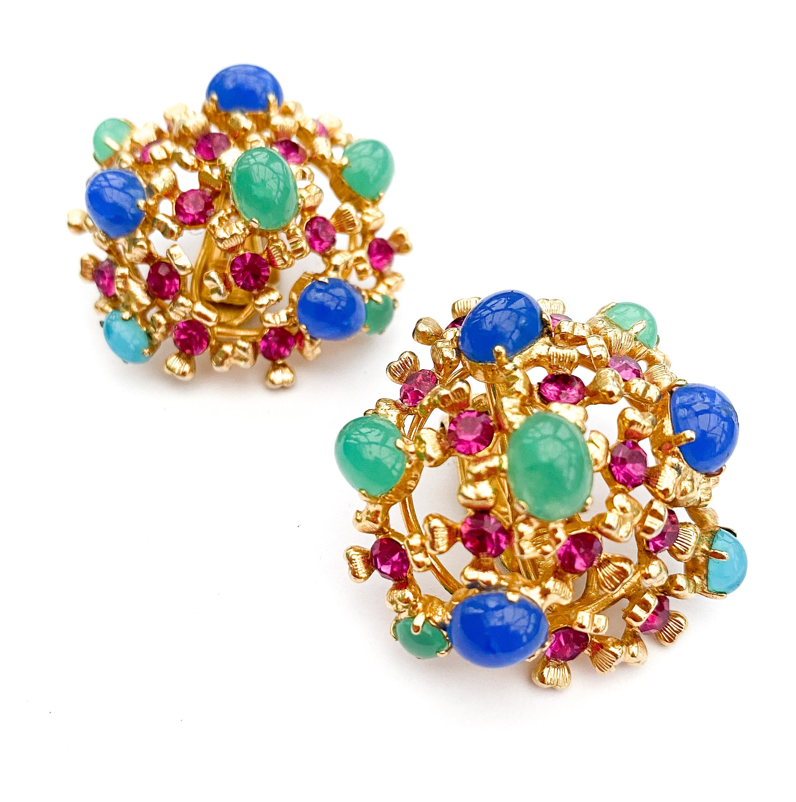 Gilt metal, coloured glass cabuchon and paste earrings, Christian Dior, 1967. For Sale 7