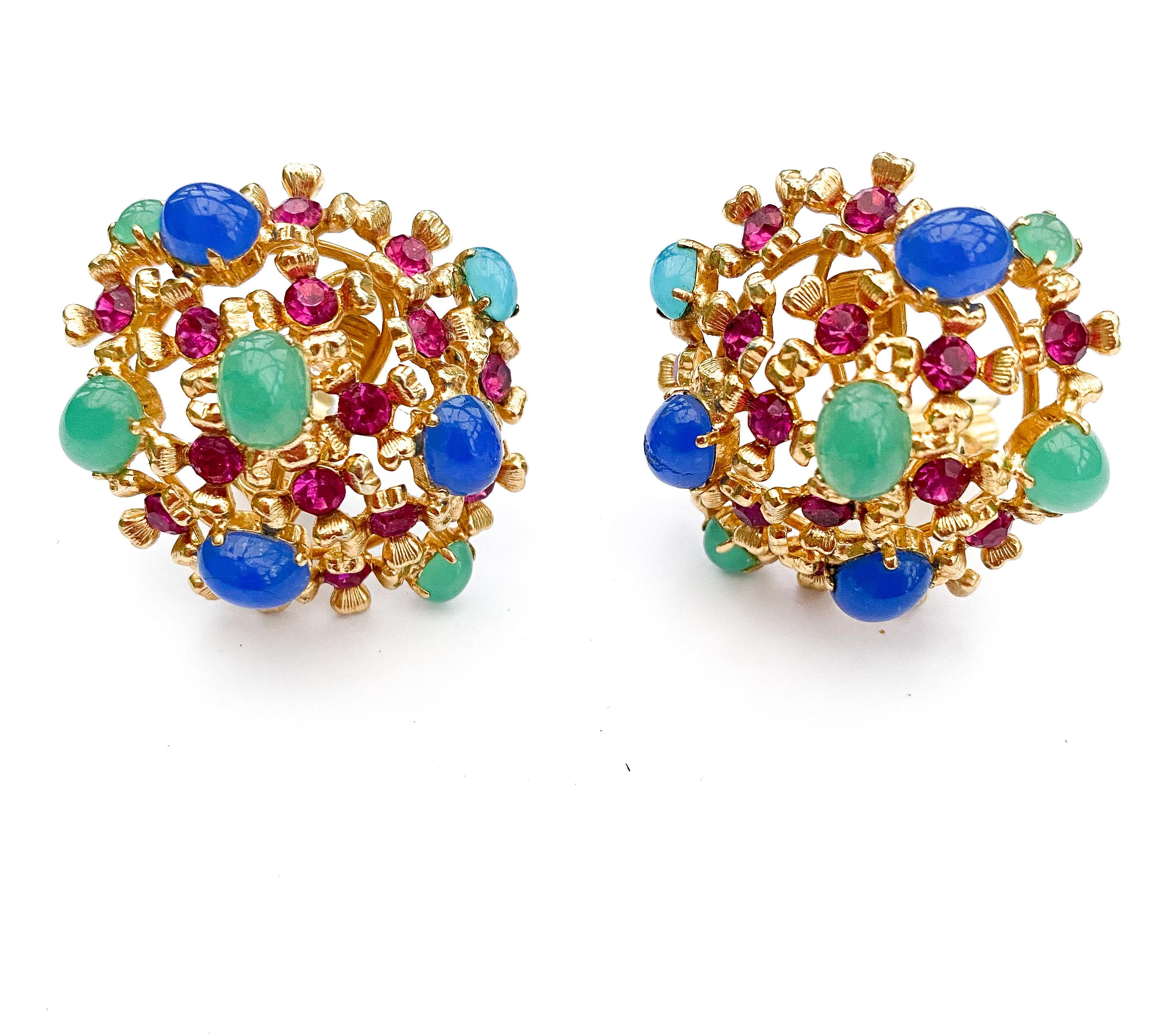 Women's or Men's Gilt metal, coloured glass cabuchon and paste earrings, Christian Dior, 1967. For Sale