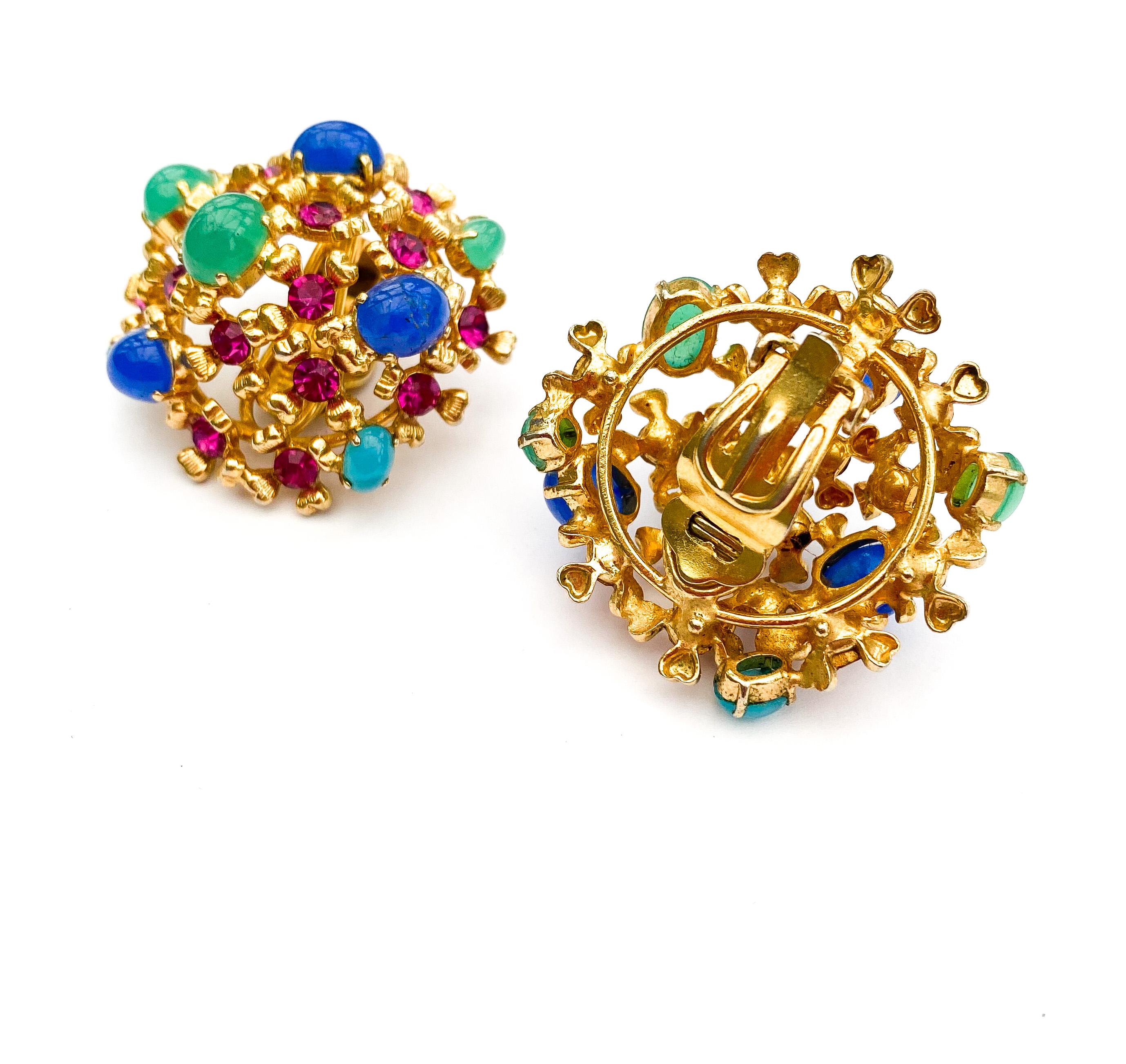 Gilt metal, coloured glass cabuchon and paste earrings, Christian Dior, 1967. For Sale 1