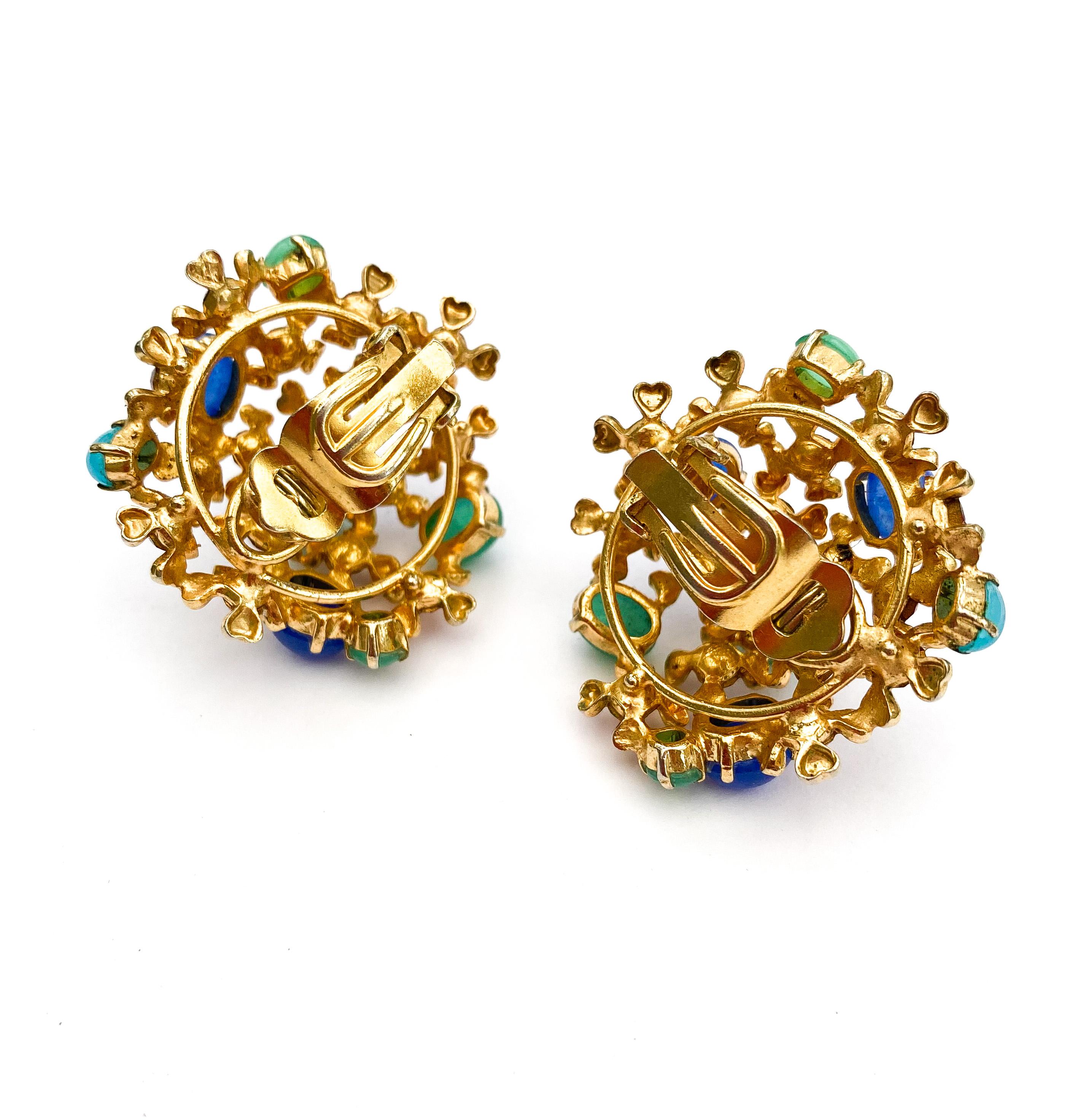 Gilt metal, coloured glass cabuchon and paste earrings, Christian Dior, 1967. For Sale 3