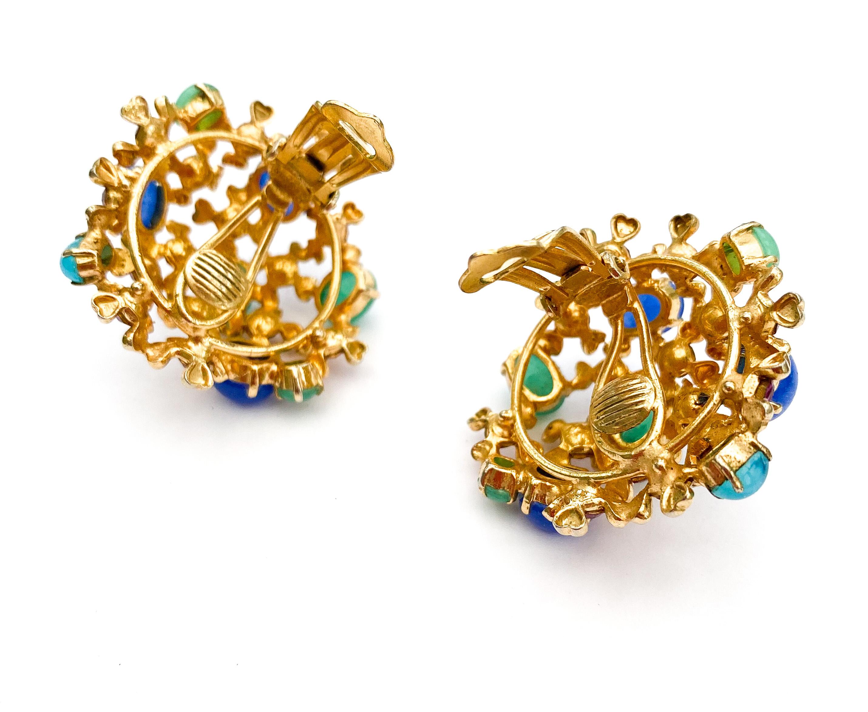 Gilt metal, coloured glass cabuchon and paste earrings, Christian Dior, 1967. For Sale 4
