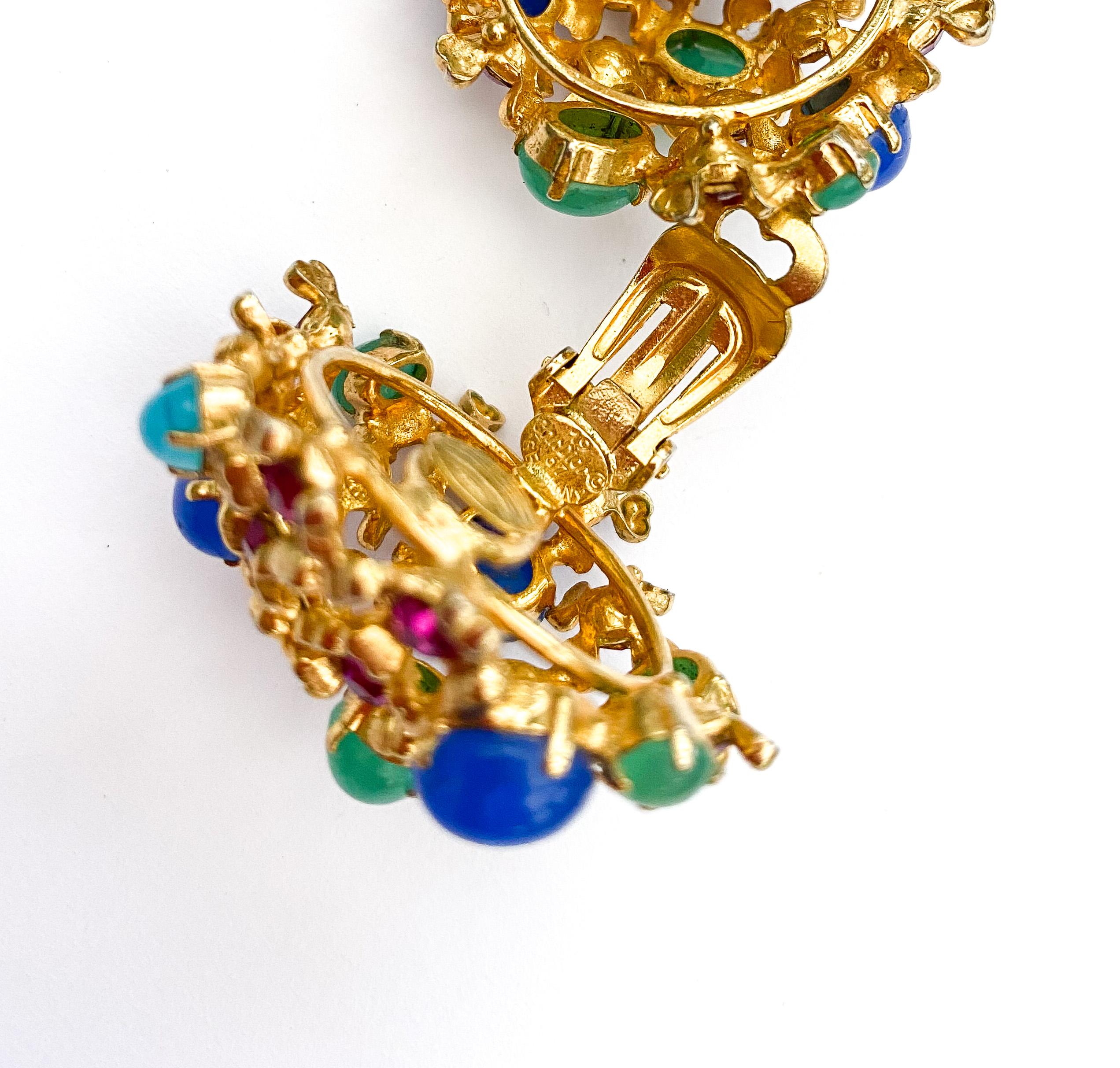Gilt metal, coloured glass cabuchon and paste earrings, Christian Dior, 1967. For Sale 5