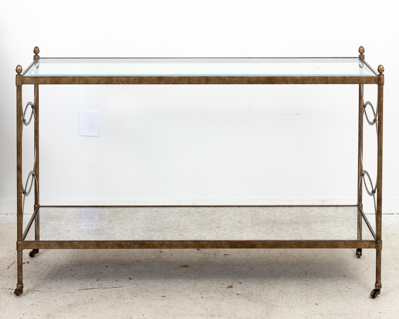 20th Century Gilt Metal Console Table on Casters