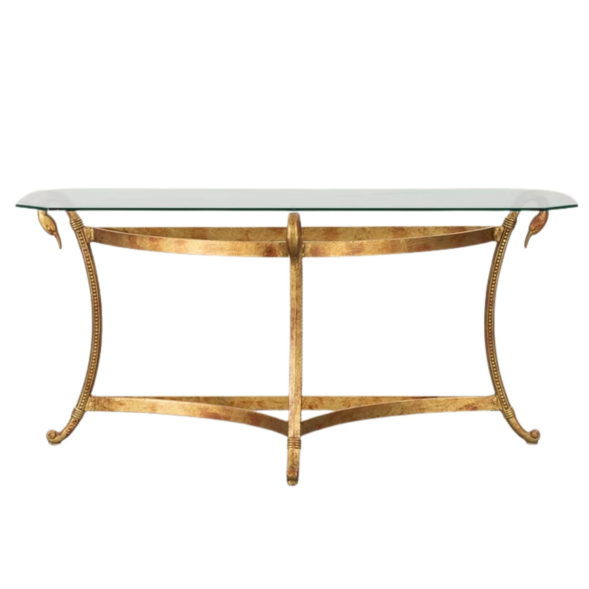 Gilt Metal Console Table with Swan Head Details and Glass Top In Good Condition For Sale In New York, NY