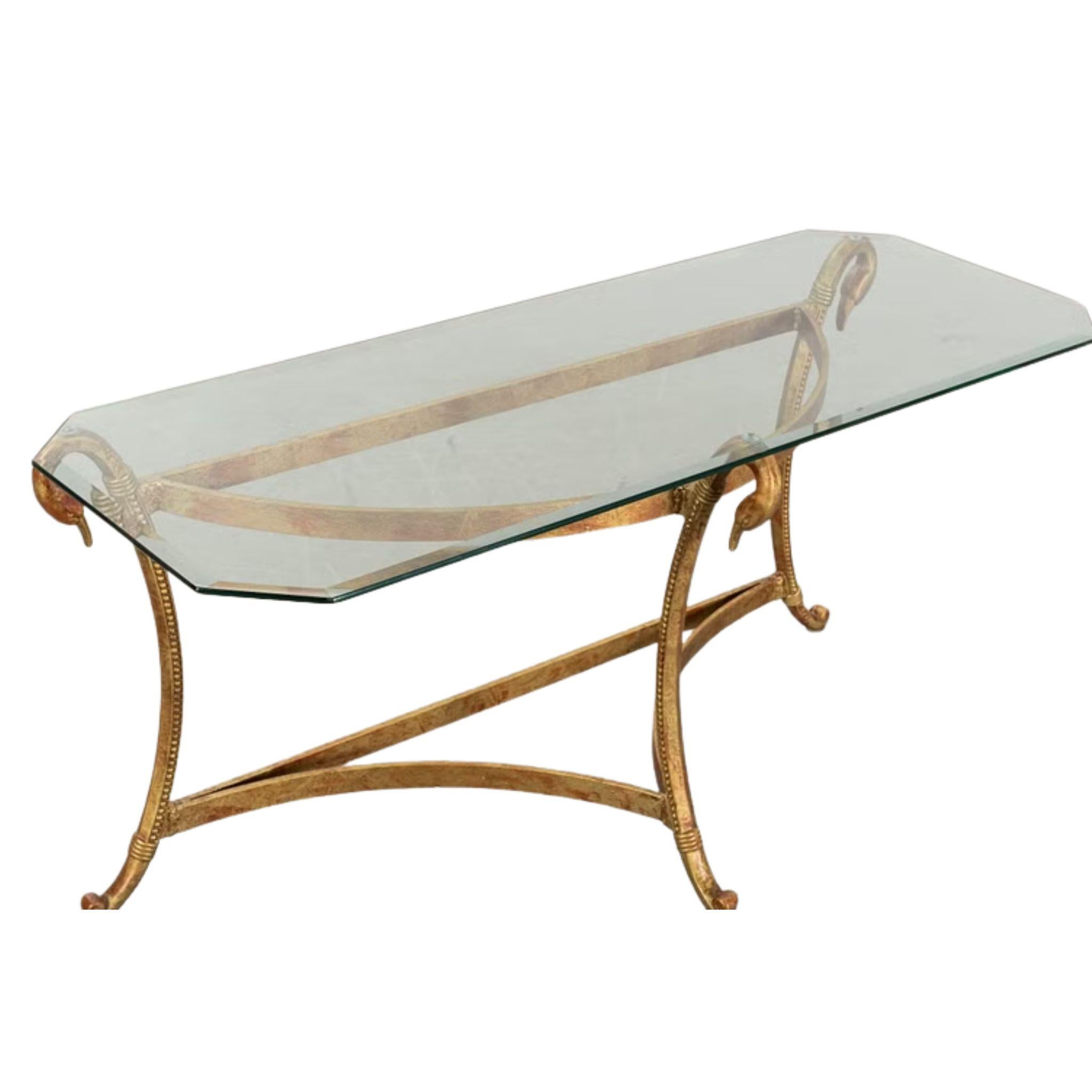 20th Century Gilt Metal Console Table with Swan Head Details and Glass Top For Sale