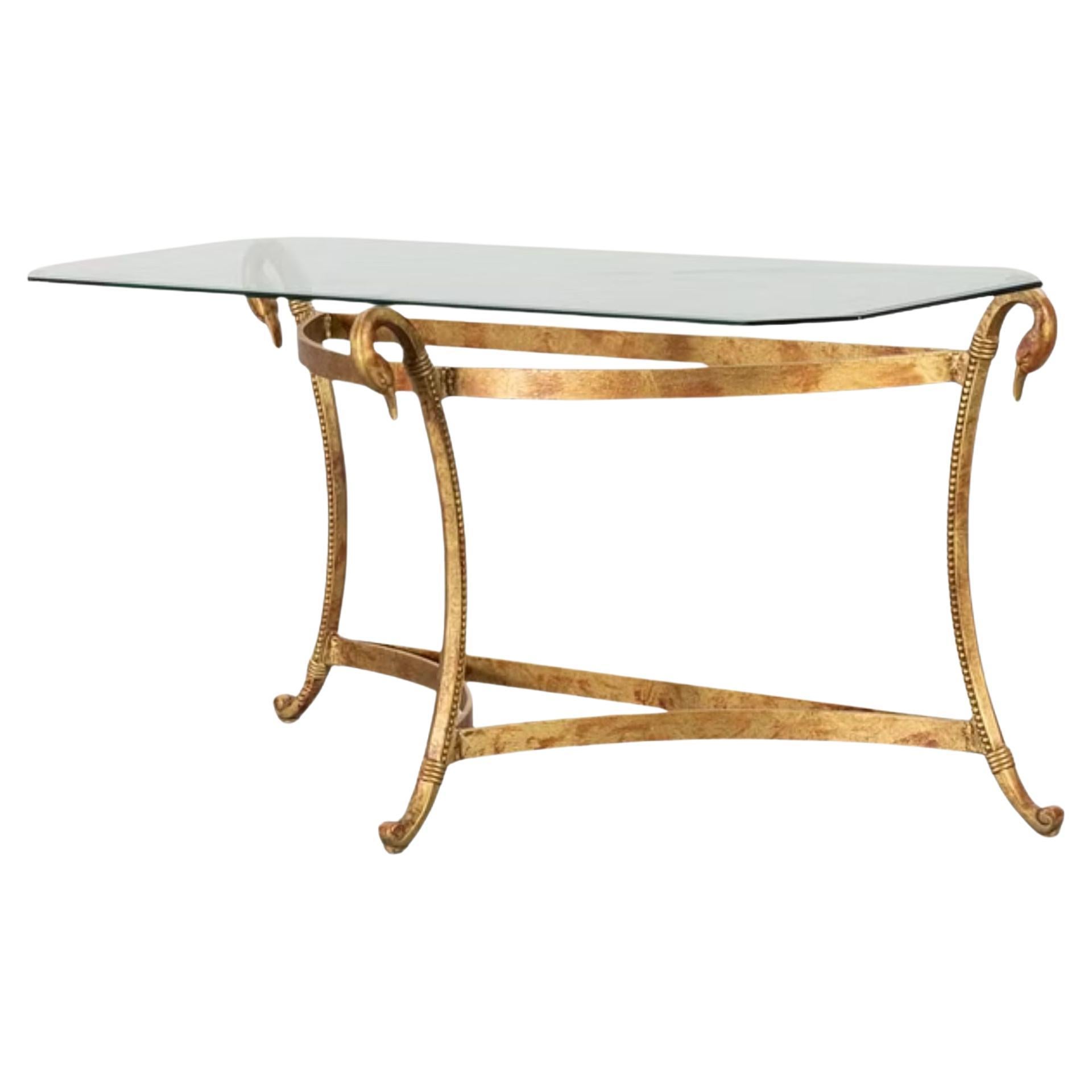 Gilt Metal Console Table with Swan Head Details and Glass Top For Sale