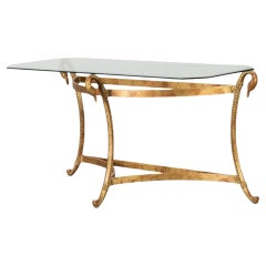 Gilt Metal Console Table with Swan Head Details and Glass Top