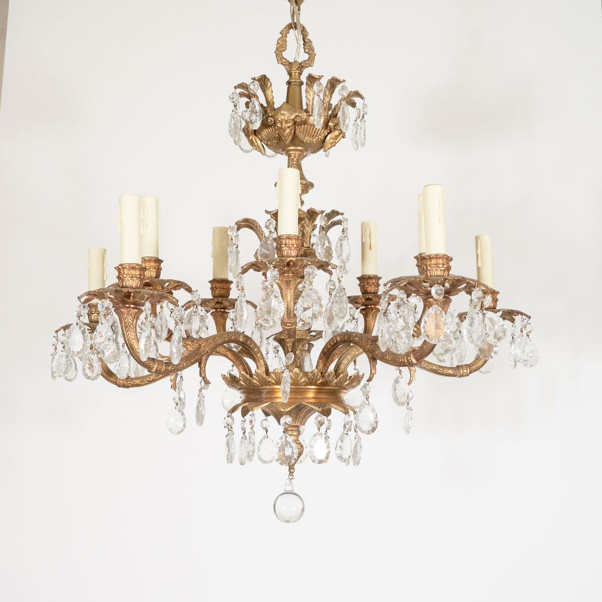 Gilt Metal Crystal Drop Chandelier In Good Condition For Sale In Tarrytown, NY