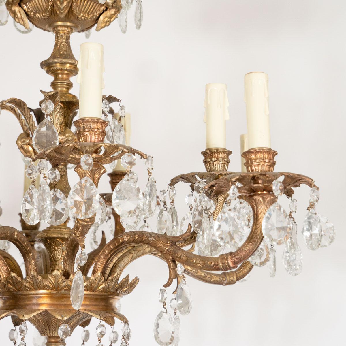 Mid-20th Century Gilt Metal Crystal Drop Chandelier For Sale