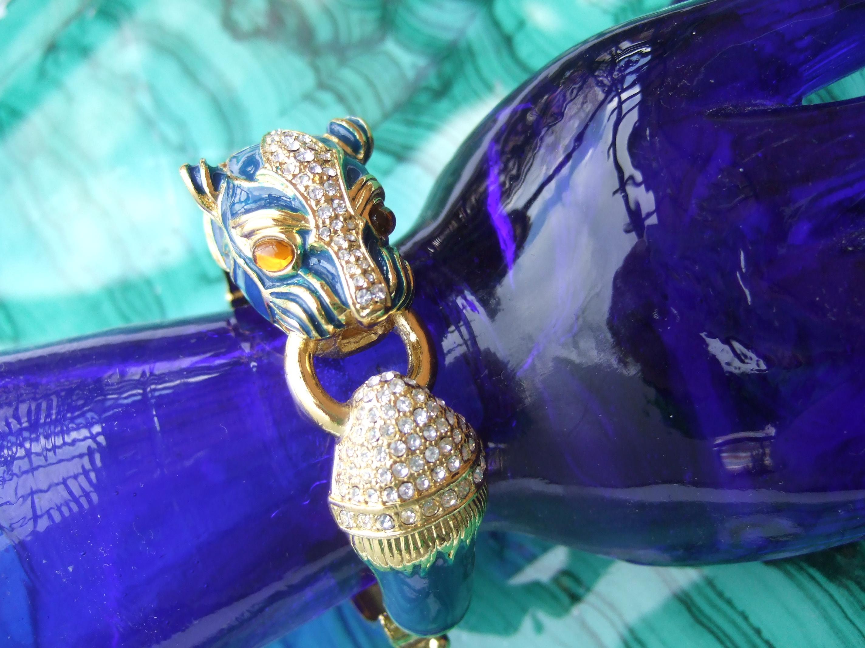 Gilt Metal Crystal Panther Blue Enamel Hinged Bangle Bracelet c 1980s 5