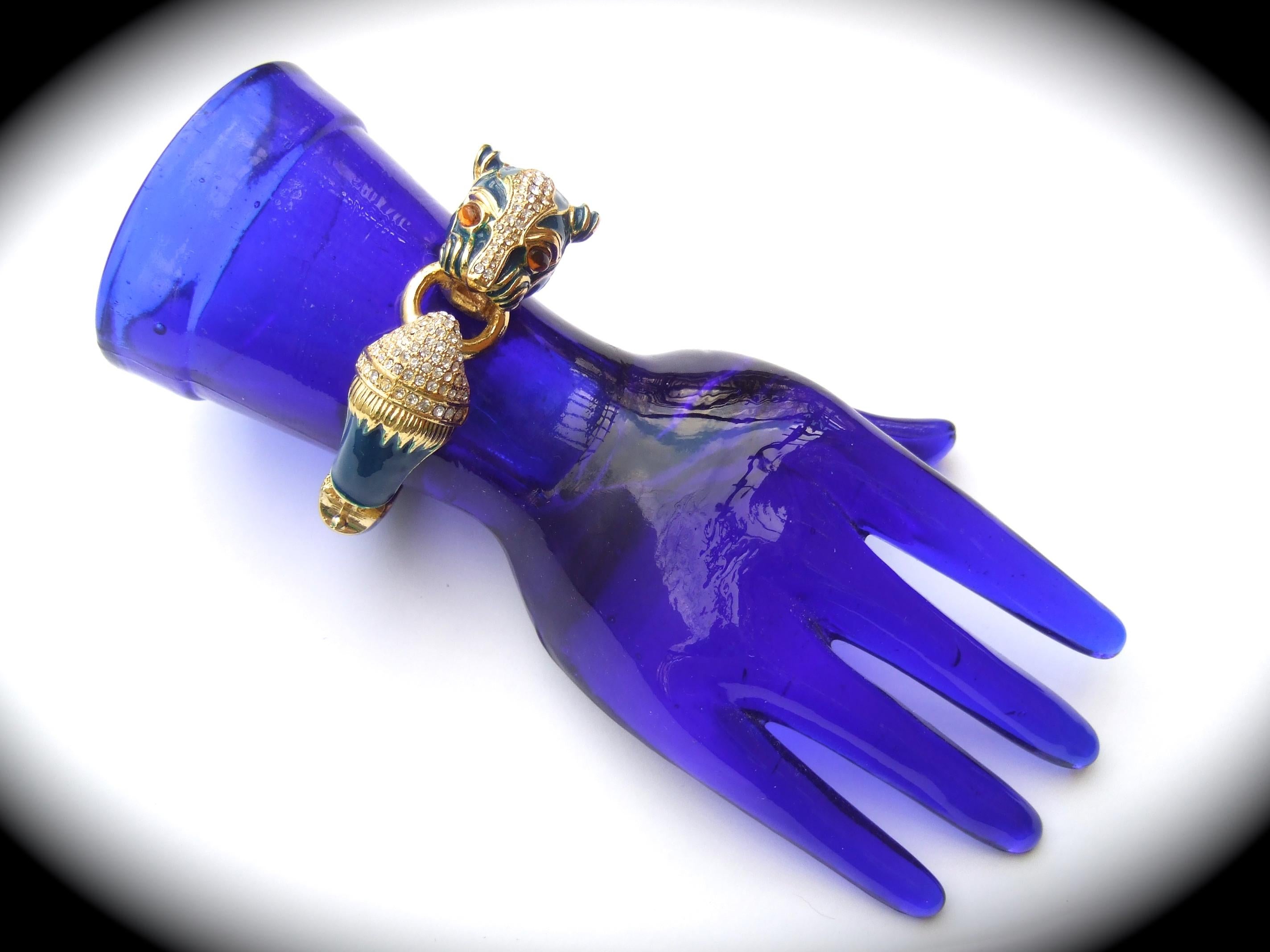 Gilt Metal Crystal Panther Blue Enamel Hinged Bangle Bracelet c 1980s 8