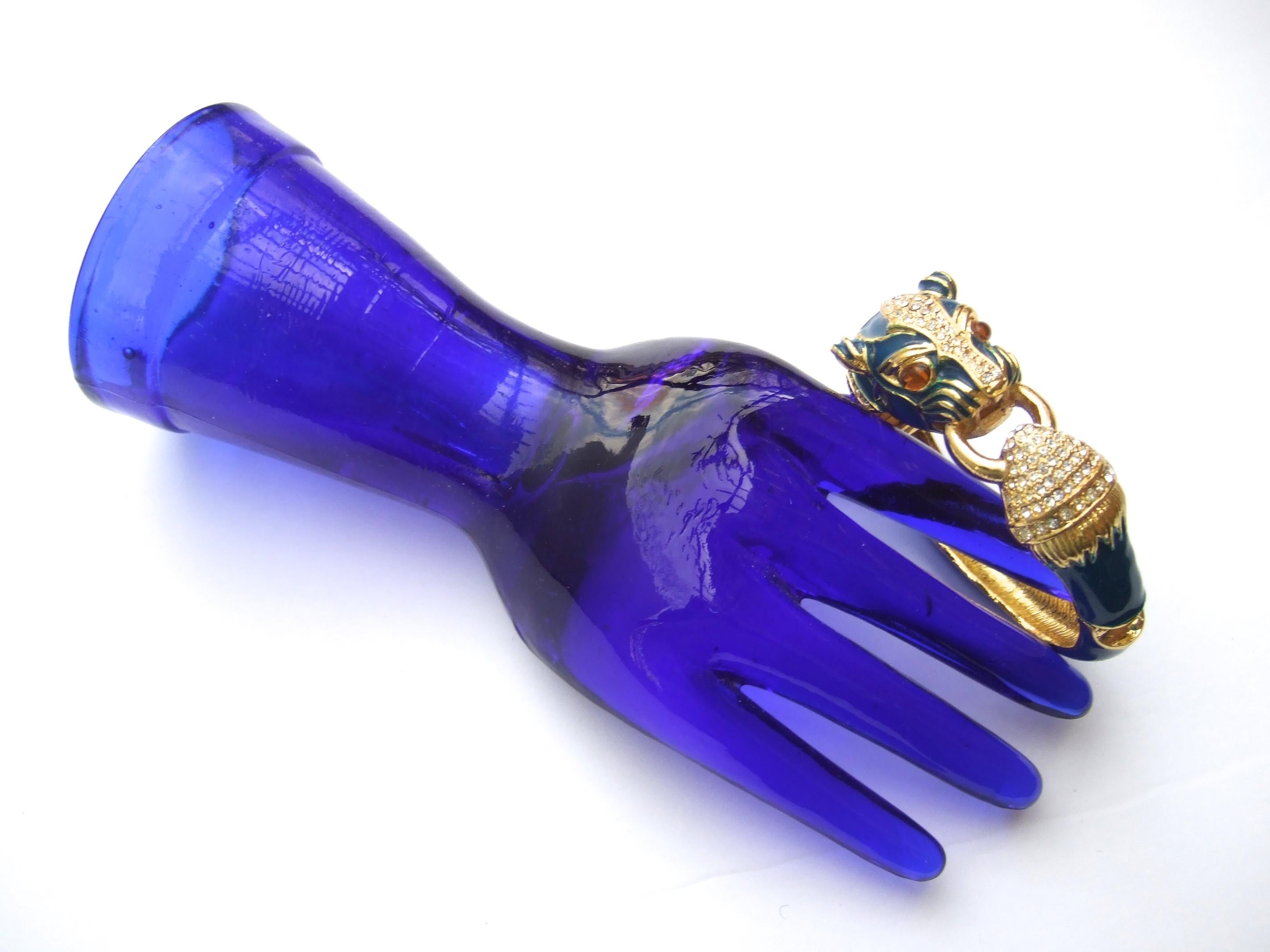 Gilt Metal Crystal Panther Blue Enamel Hinged Bangle Bracelet c 1980s 9