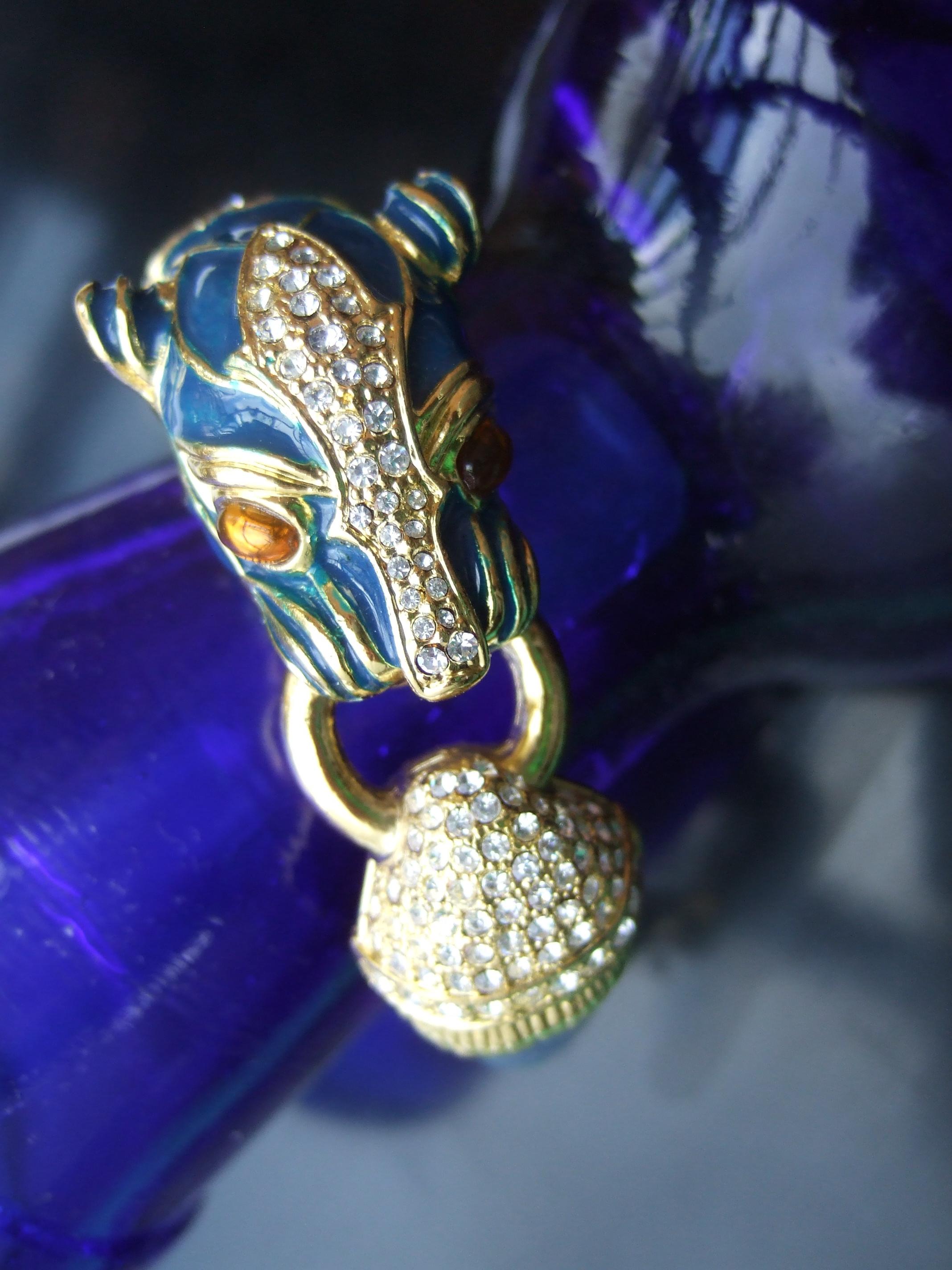 Gilt Metal Crystal Panther Blue Enamel Hinged Bangle Bracelet c 1980s 10