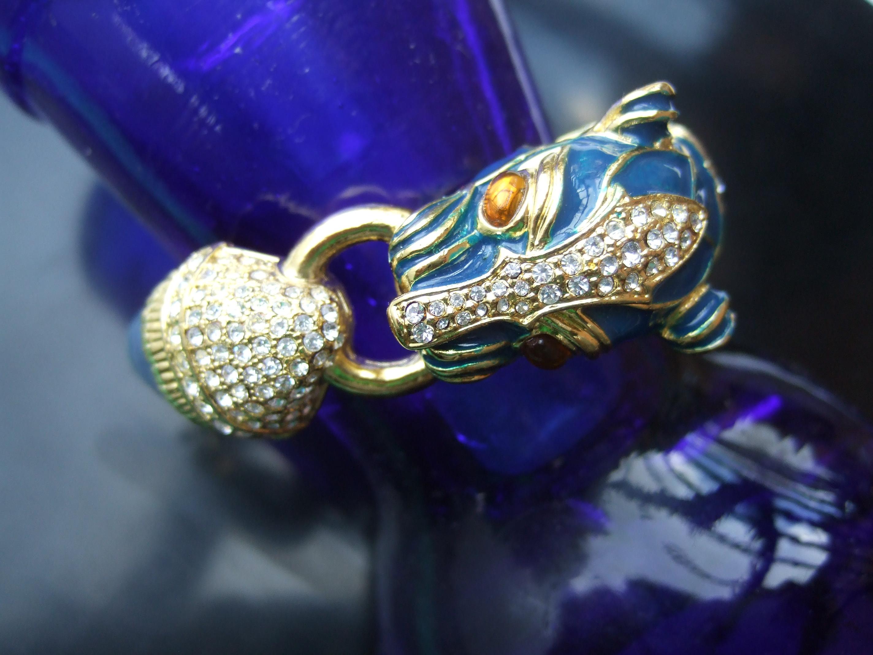 Gilt Metal Crystal Panther Blue Enamel Hinged Bangle Bracelet c 1980s 11