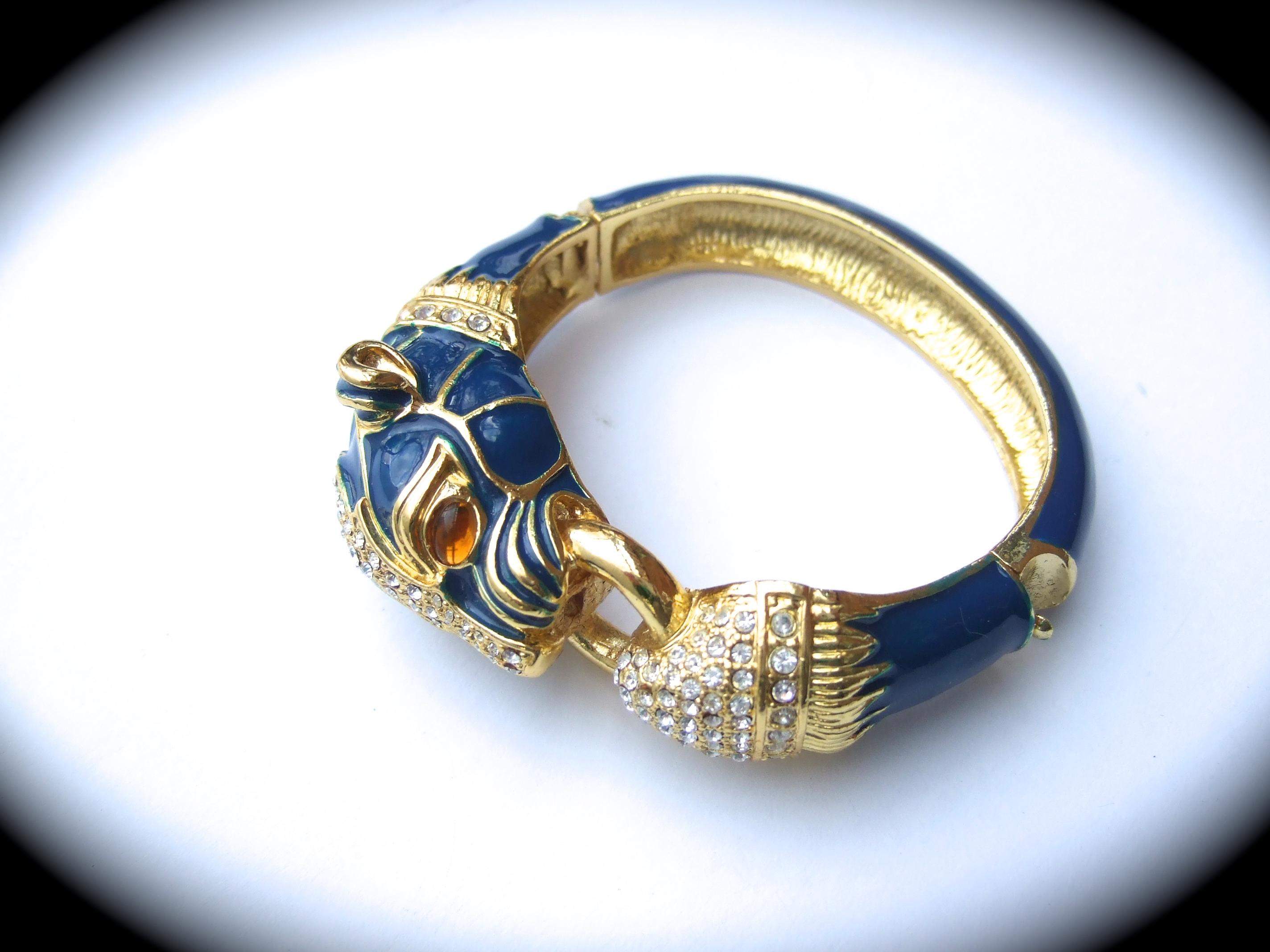 Modern Gilt Metal Crystal Panther Blue Enamel Hinged Bangle Bracelet c 1980s
