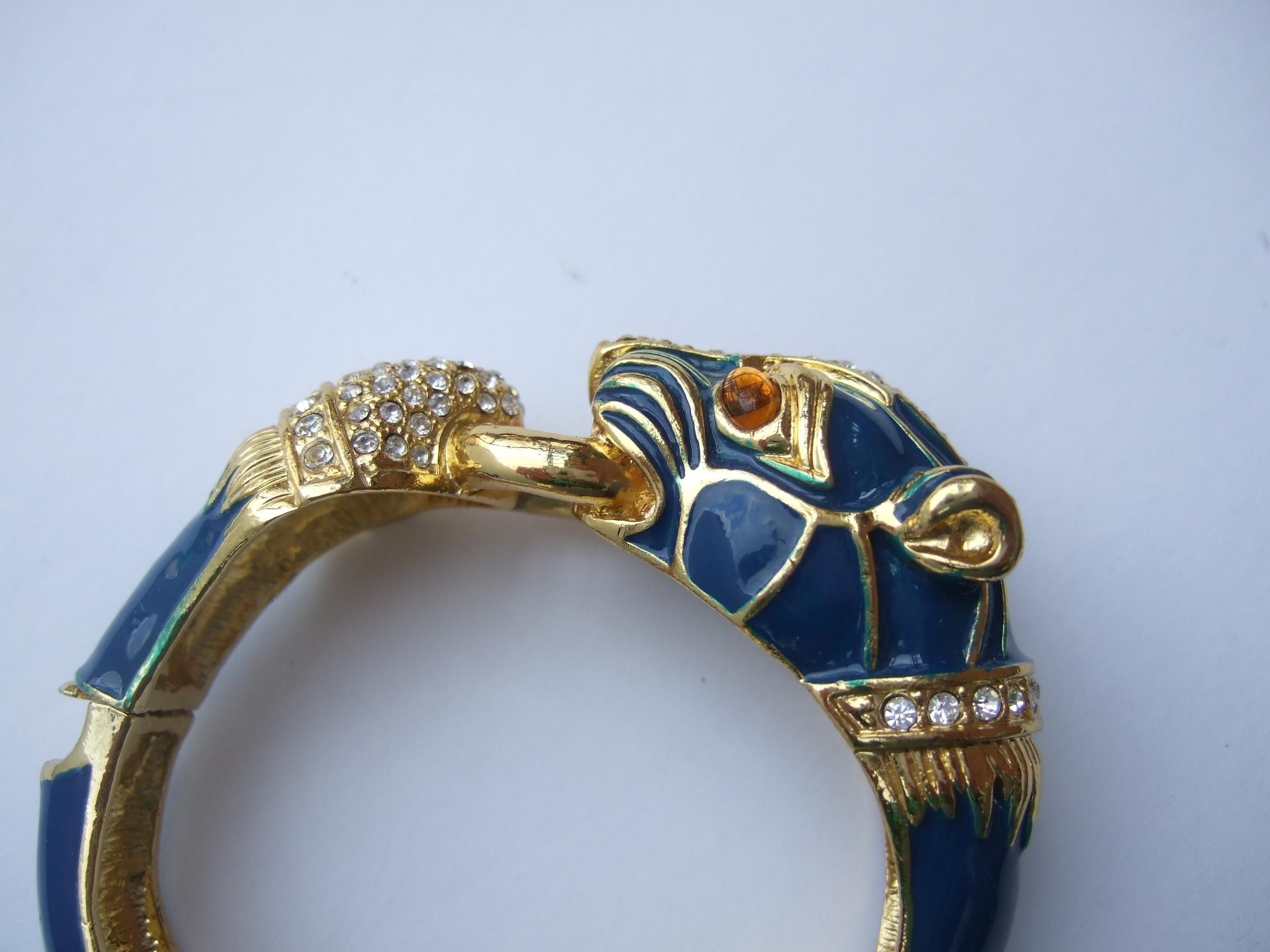 Gilt Metal Crystal Panther Blue Enamel Hinged Bangle Bracelet c 1980s In Good Condition In University City, MO