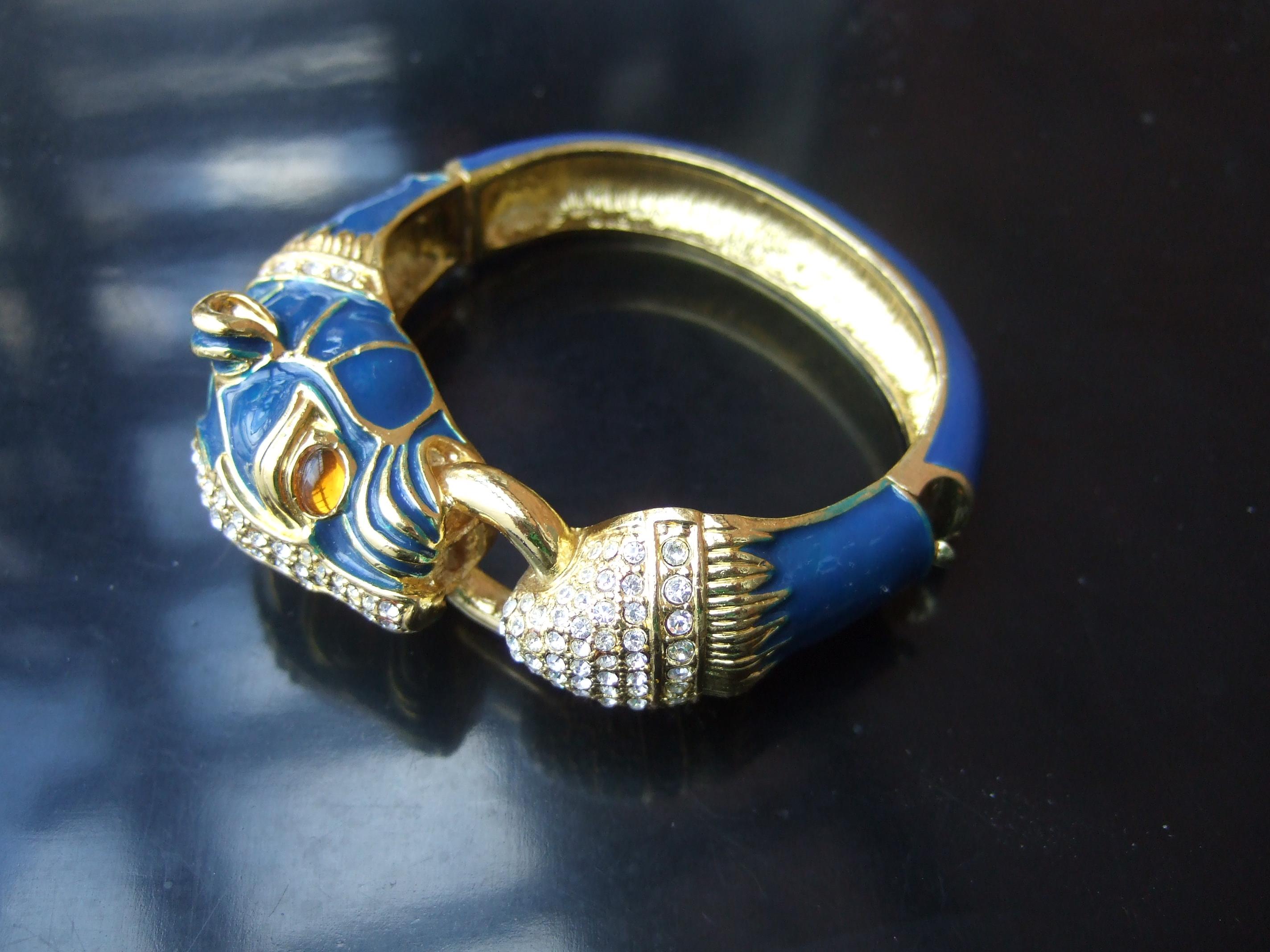 Women's Gilt Metal Crystal Panther Blue Enamel Hinged Bangle Bracelet c 1980s