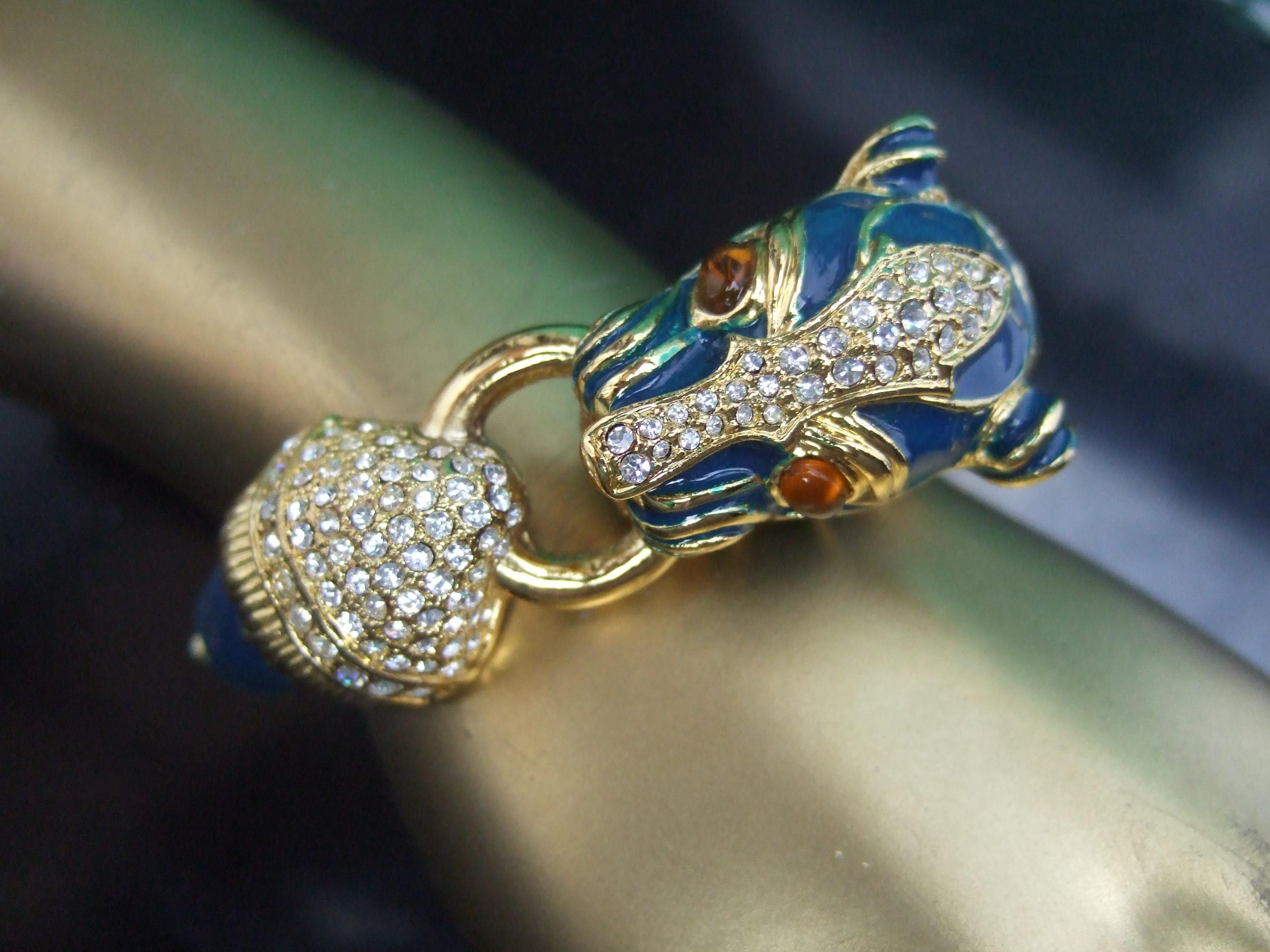 Gilt Metal Crystal Panther Blue Enamel Hinged Bangle Bracelet c 1980s 1