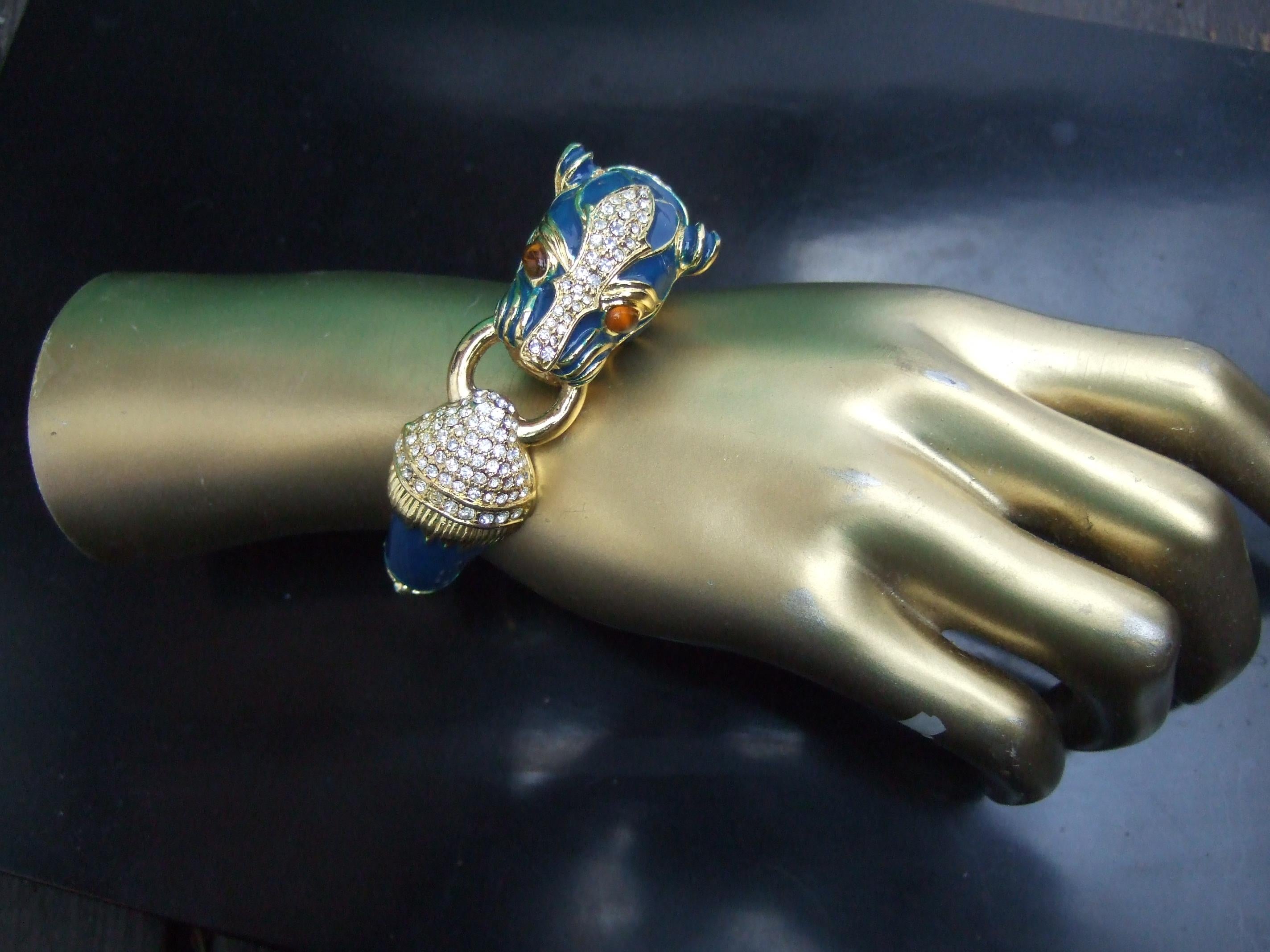 Gilt Metal Crystal Panther Blue Enamel Hinged Bangle Bracelet c 1980s 3