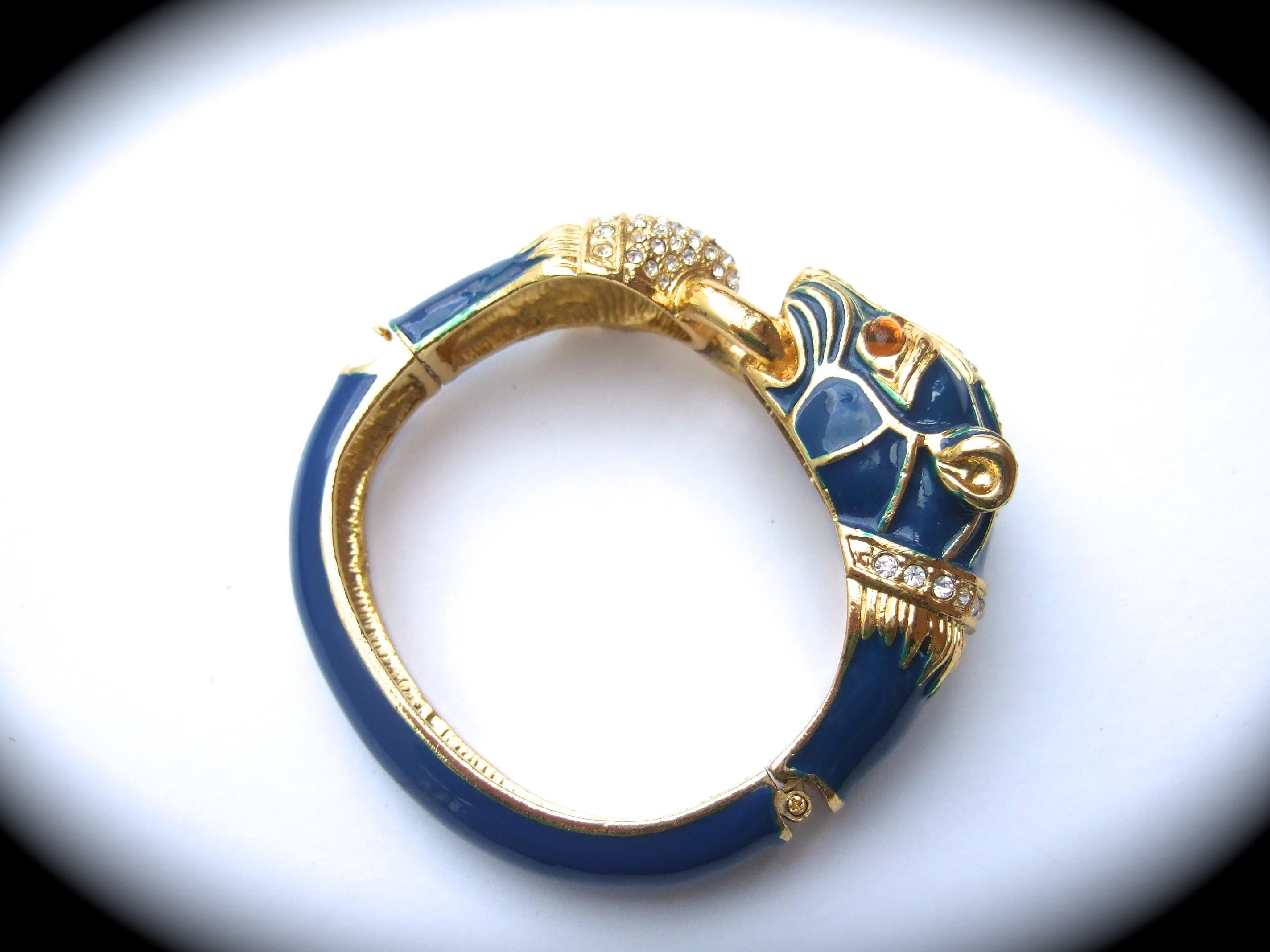 Gilt Metal Crystal Panther Blue Enamel Hinged Bangle Bracelet c 1980s 4