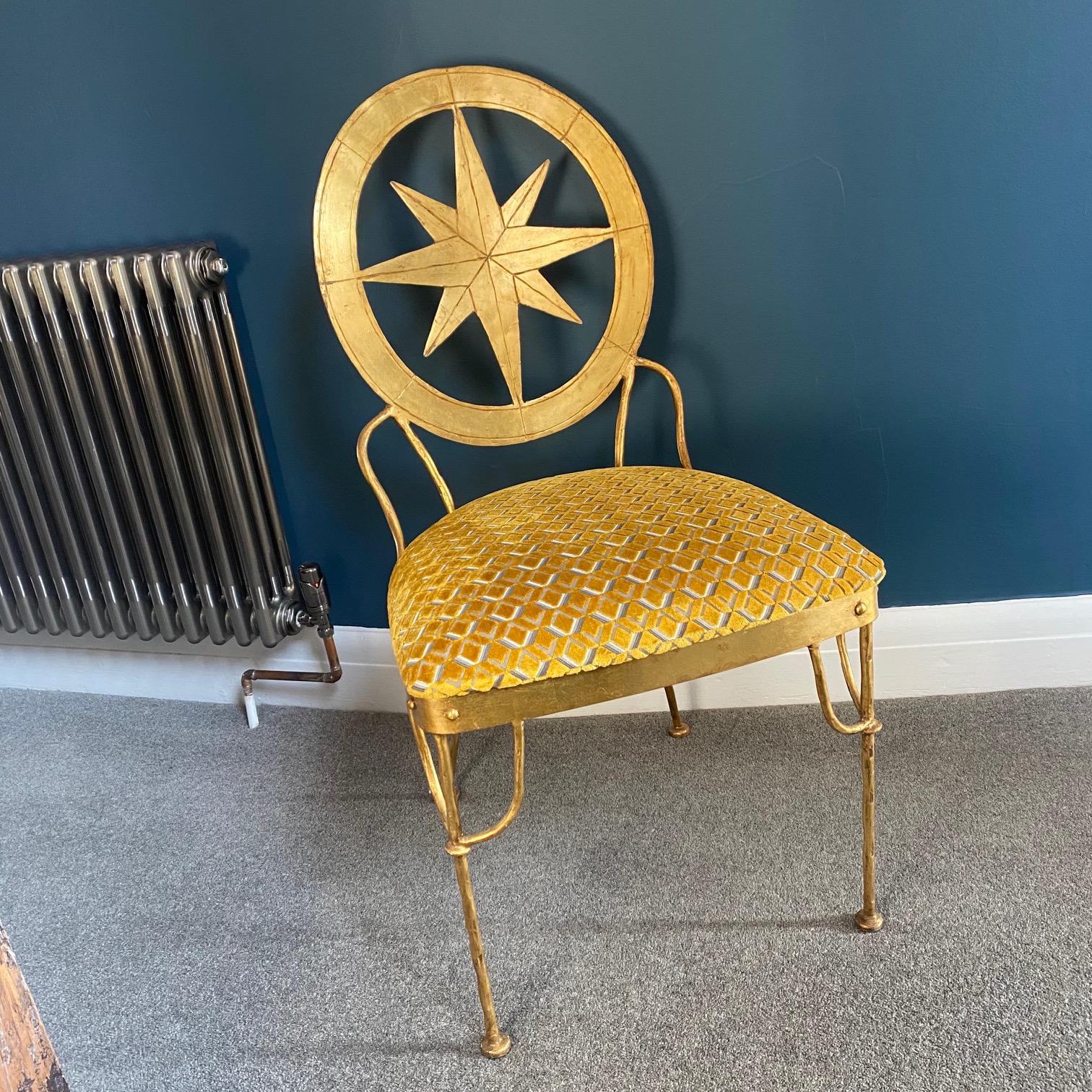 The Star of the Show in our opinion! This lovely designer gilt metal chair which has been reupholstered in Jane Churchill Skala fabric. A graphic small scale geometric in plush velvet and linear highlights of metallic. The chair in a