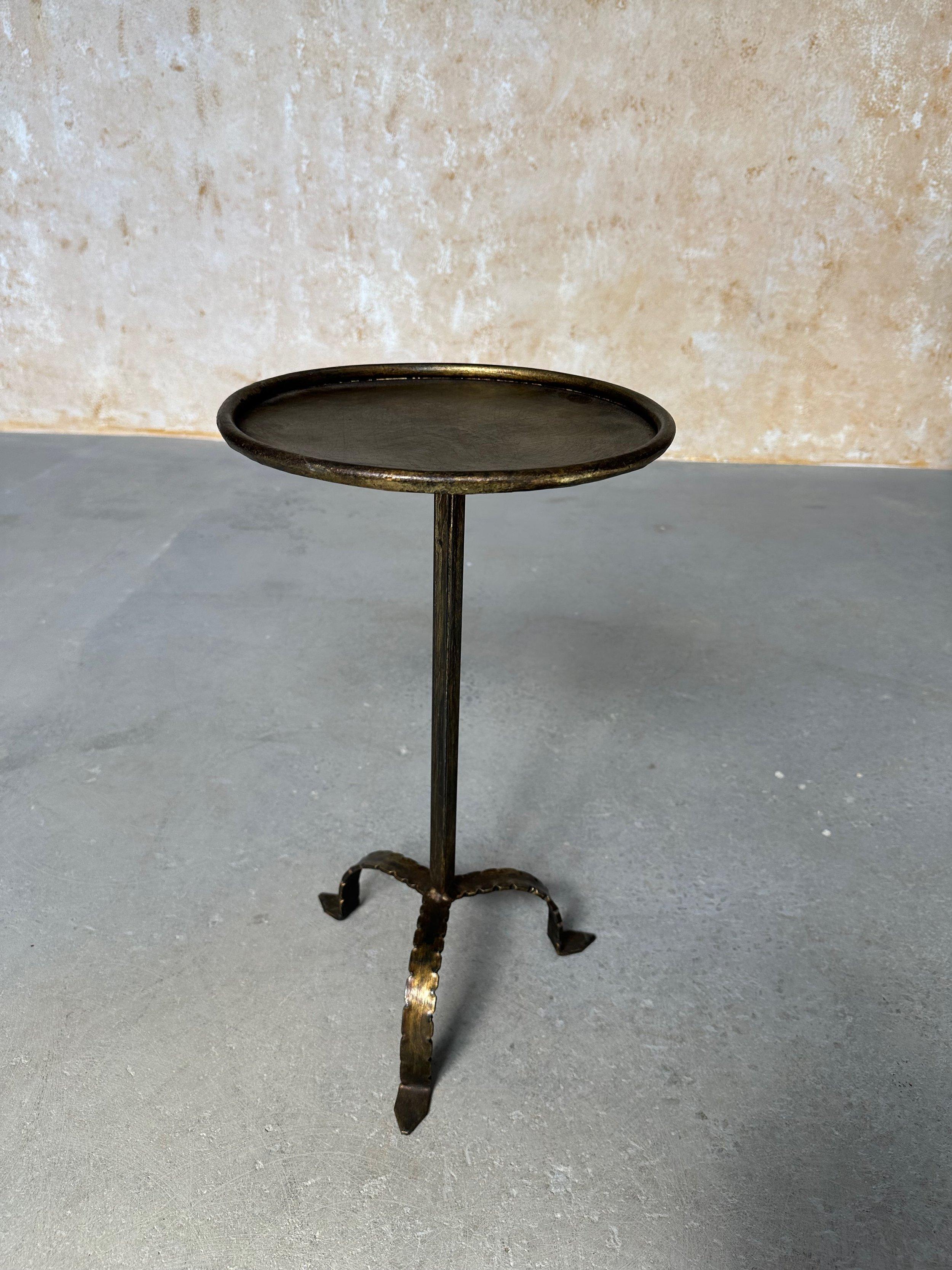 Contemporary Gilt Metal Drinks Table on a Hammered Tripod Base For Sale
