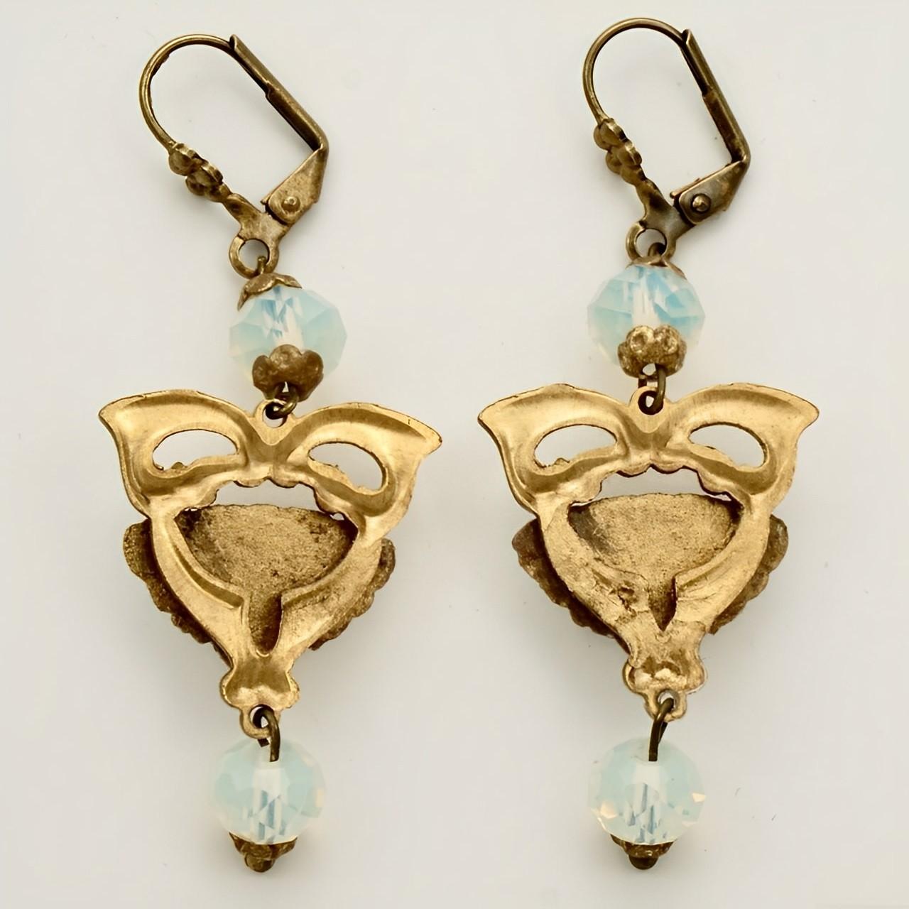 Women's or Men's Gilt Metal Drop Earrings with Opaline Glass Lady Heads and Opaline Glass Beads For Sale