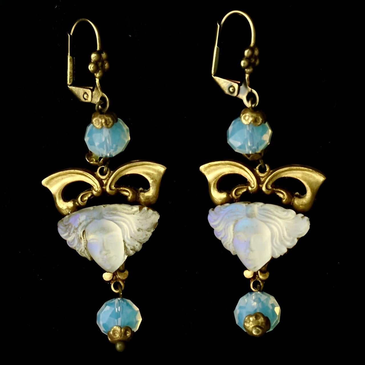 Gilt Metal Drop Earrings with Opaline Glass Lady Heads and Opaline Glass Beads For Sale 1