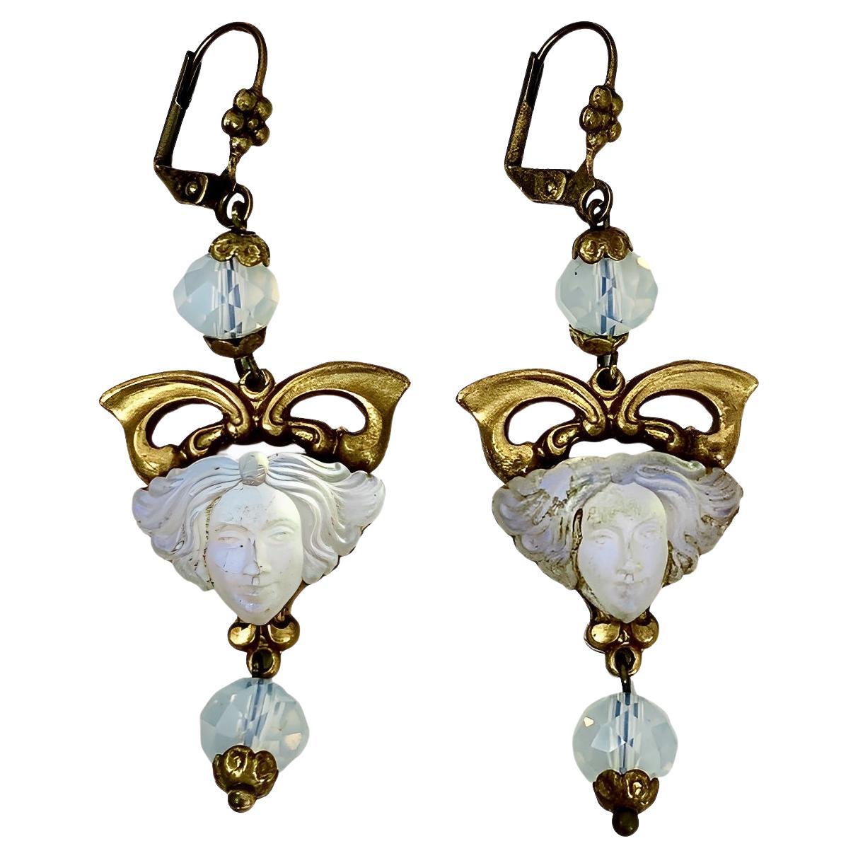Gilt Metal Drop Earrings with Opaline Glass Lady Heads and Opaline Glass  Beads For Sale at 1stDibs