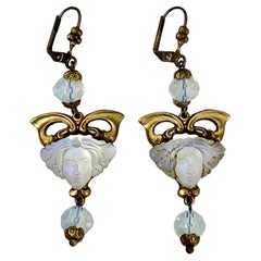 Vintage Gilt Metal Drop Earrings with Opaline Glass Lady Heads and Opaline Glass Beads