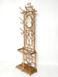 Gilt Metal Faux Bamboo Hall Tree Coat Rack Umbrella Chinoiserie Mirror Regency