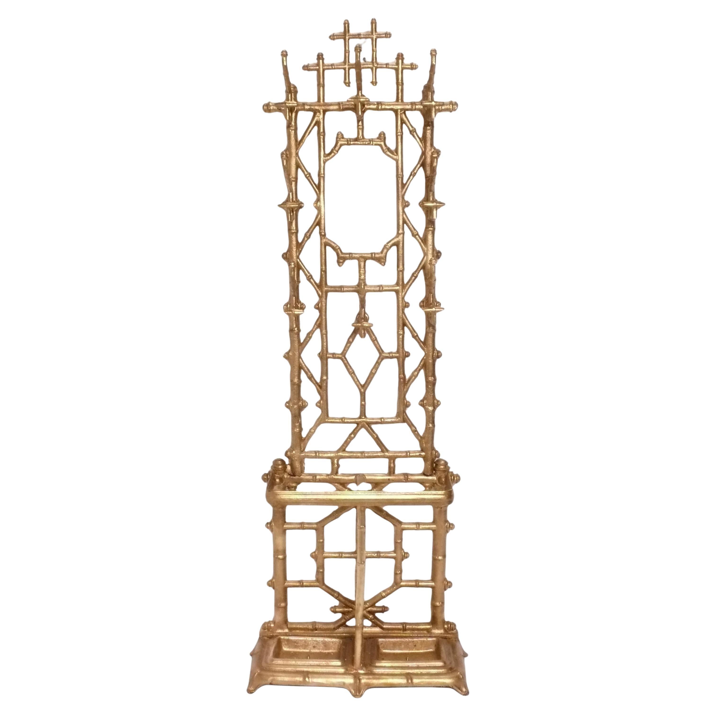 Gilt Metal Faux Bamboo Hall Tree Coat Rack Umbrella Chinoiserie Mirror Regency