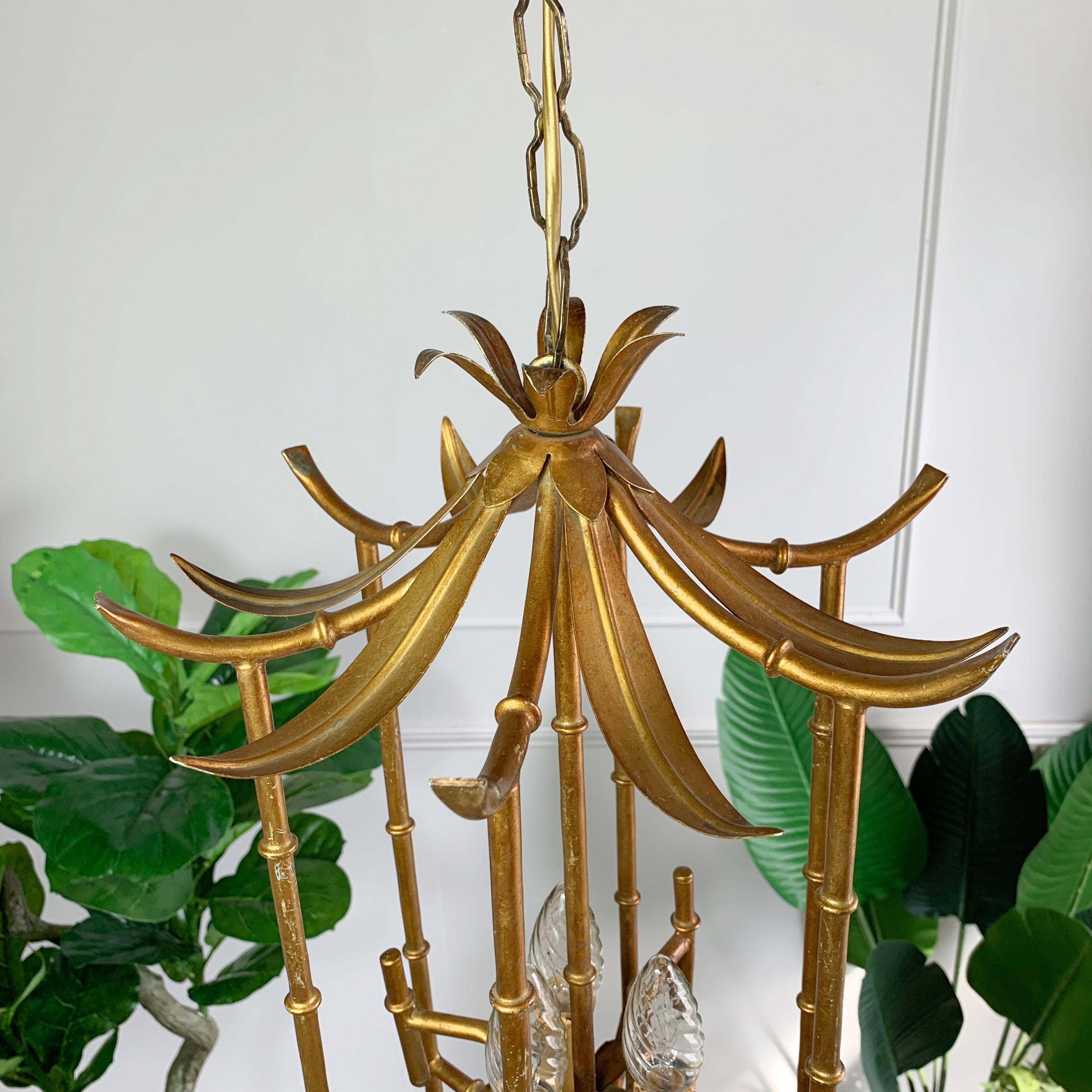 Gilt Metal Faux Bamboo Pagoda Chinoiserie Chandelier, 1960's 2