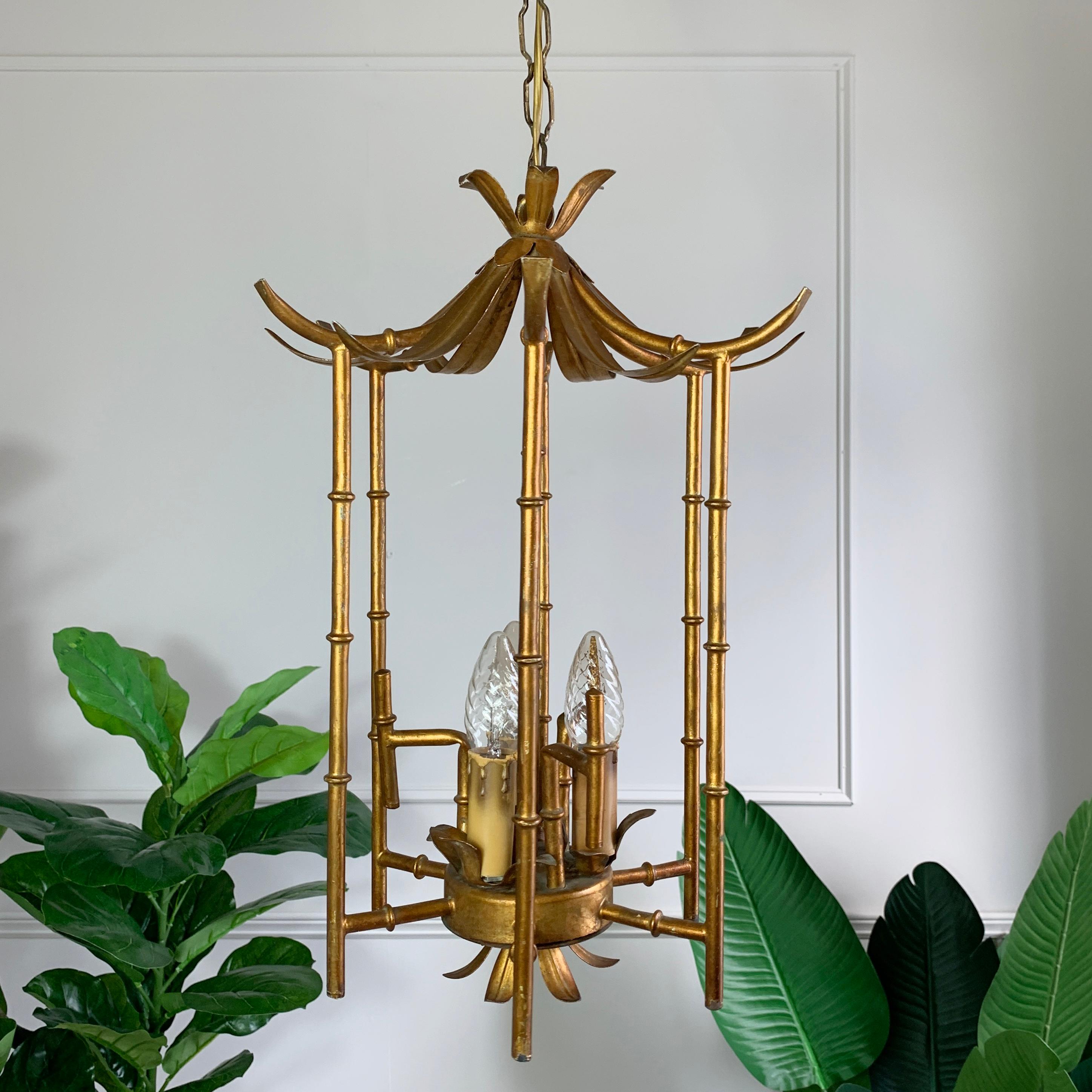 Gilt Metal Faux Bamboo Pagoda Chinoiserie Chandelier, 1960's 3