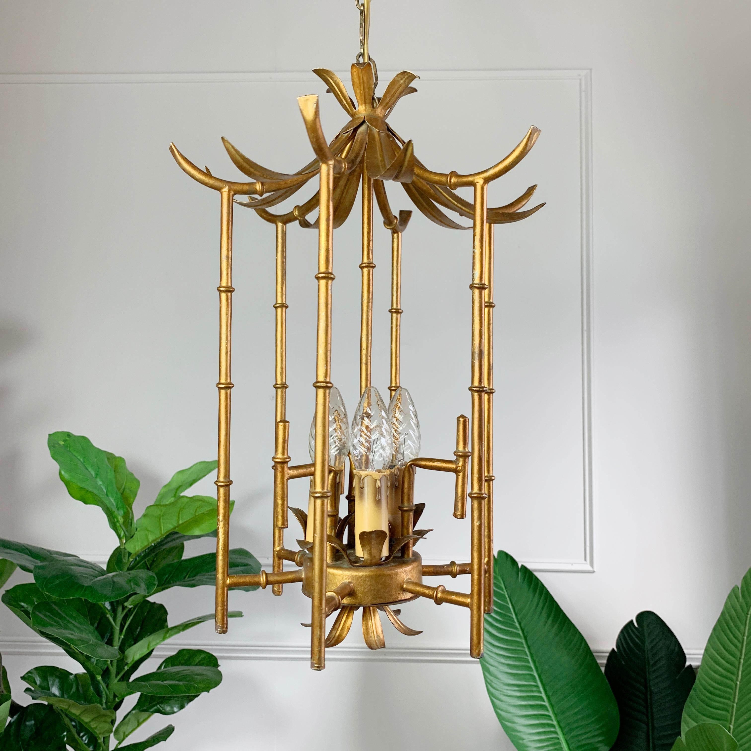 French Gilt Metal Faux Bamboo Pagoda Chinoiserie Chandelier, 1960's