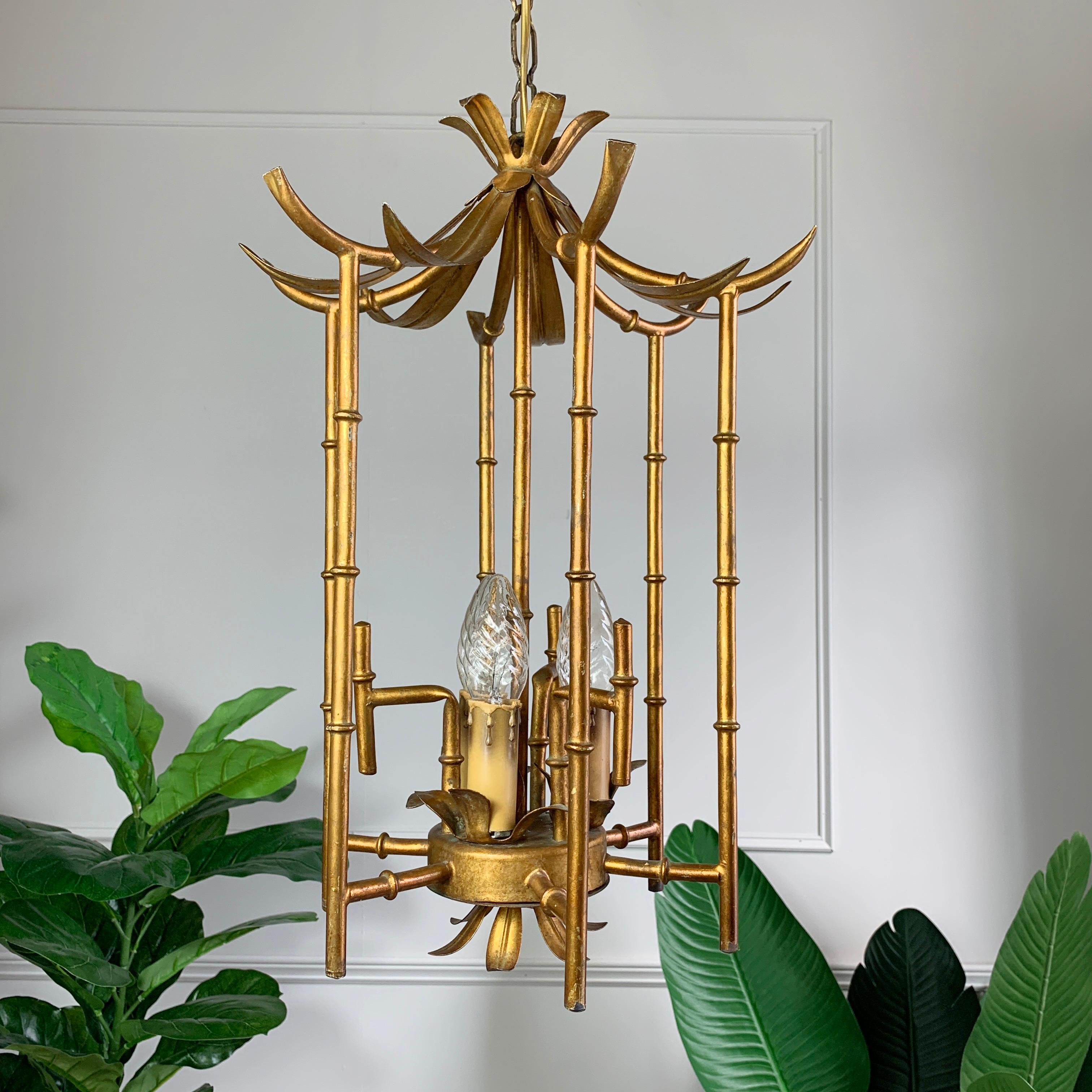 Mid-20th Century Gilt Metal Faux Bamboo Pagoda Chinoiserie Chandelier, 1960's