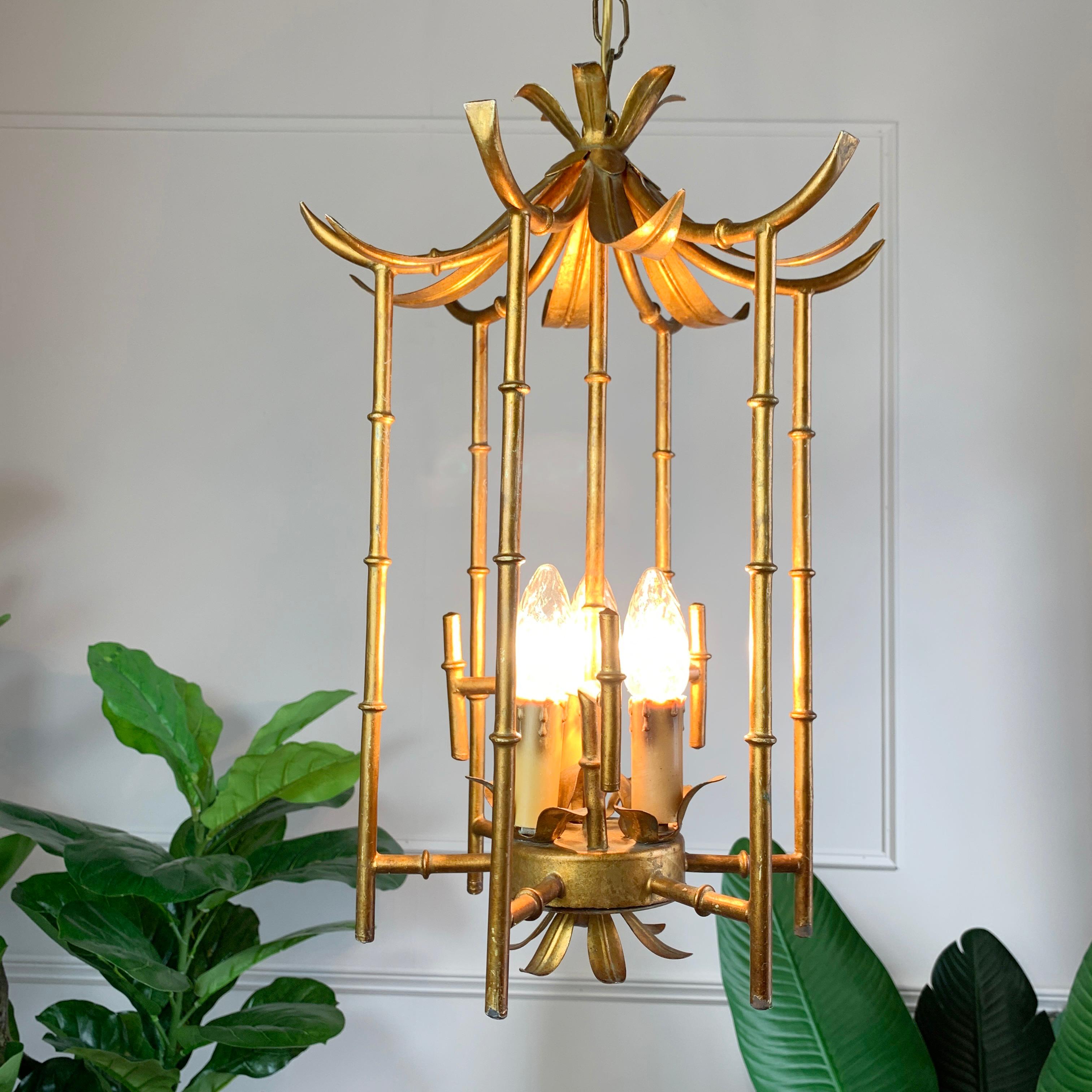 Gilt Metal Faux Bamboo Pagoda Chinoiserie Chandelier, 1960's 1