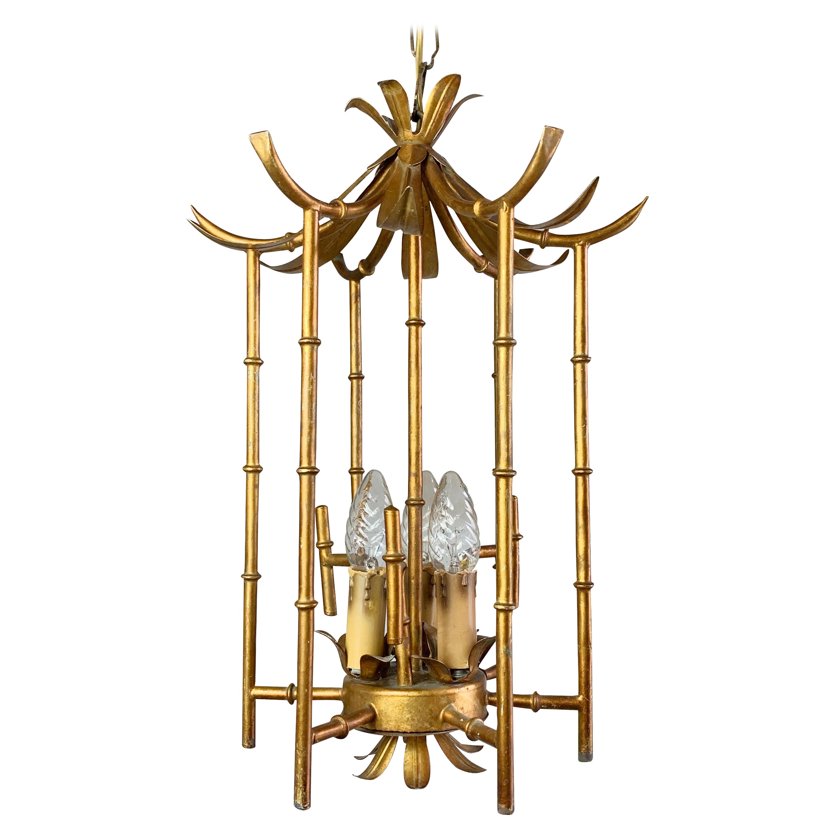 Gilt Metal Faux Bamboo Pagoda Chinoiserie Chandelier, 1960
s
