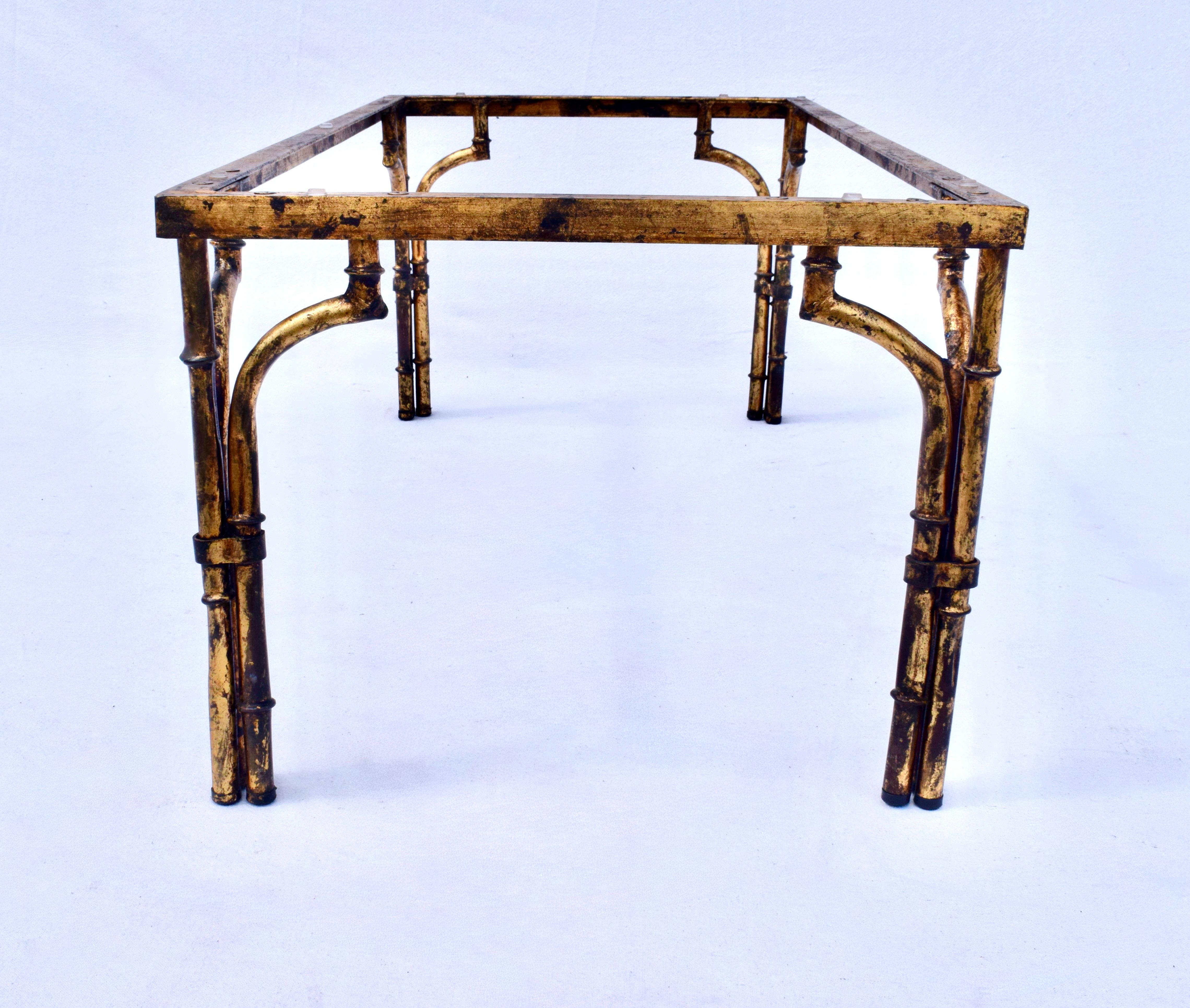 Gilt Metal Faux Bamboo Thick Glass Top Rectangle Coffee Table For Sale 4