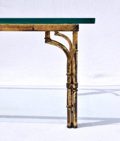 Gilt Metal Faux Bamboo Thick Glass Top Rectangle Coffee Table