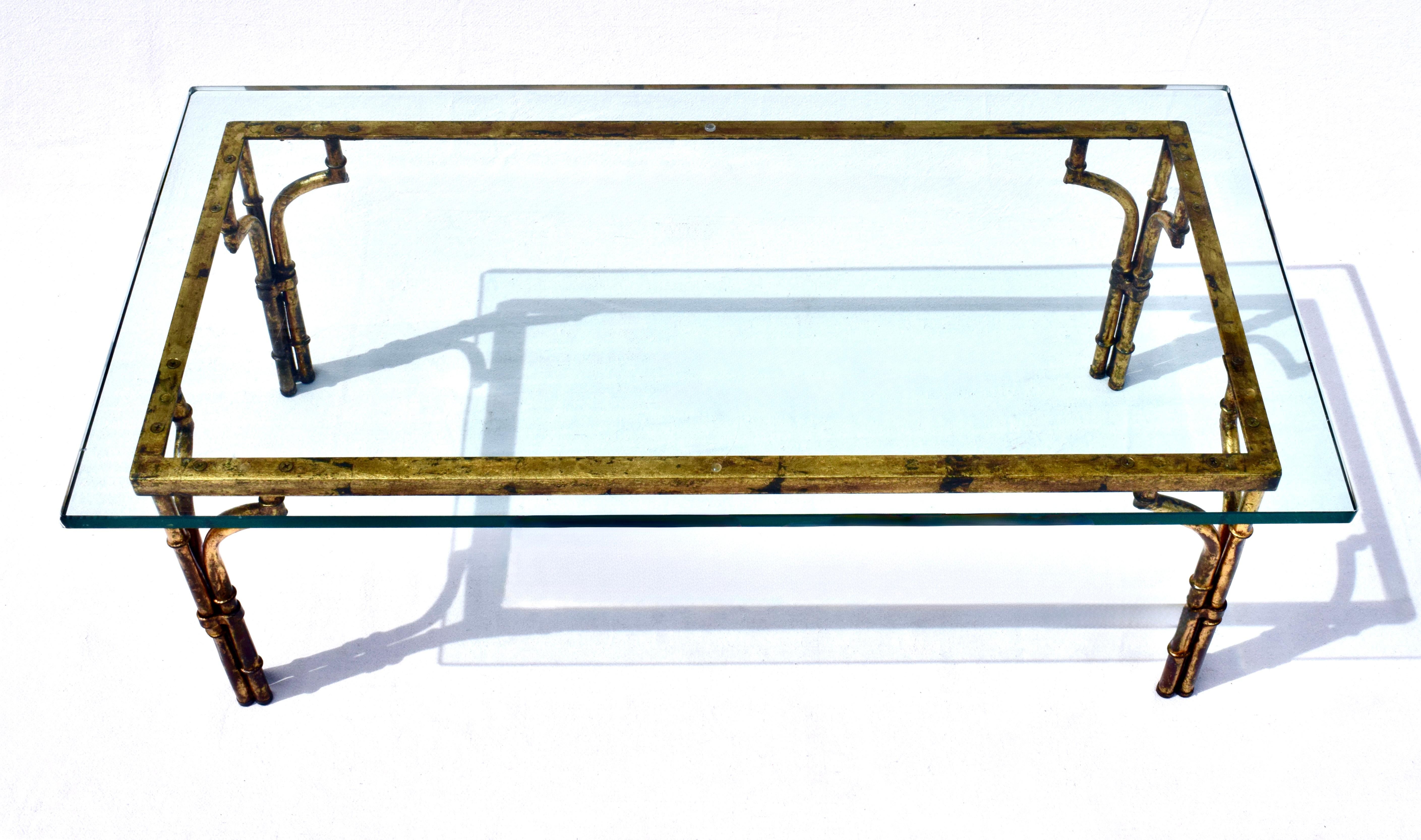 Mid-Century Modern Gilt Metal Faux Bamboo Thick Glass Top Rectangle Coffee Table For Sale