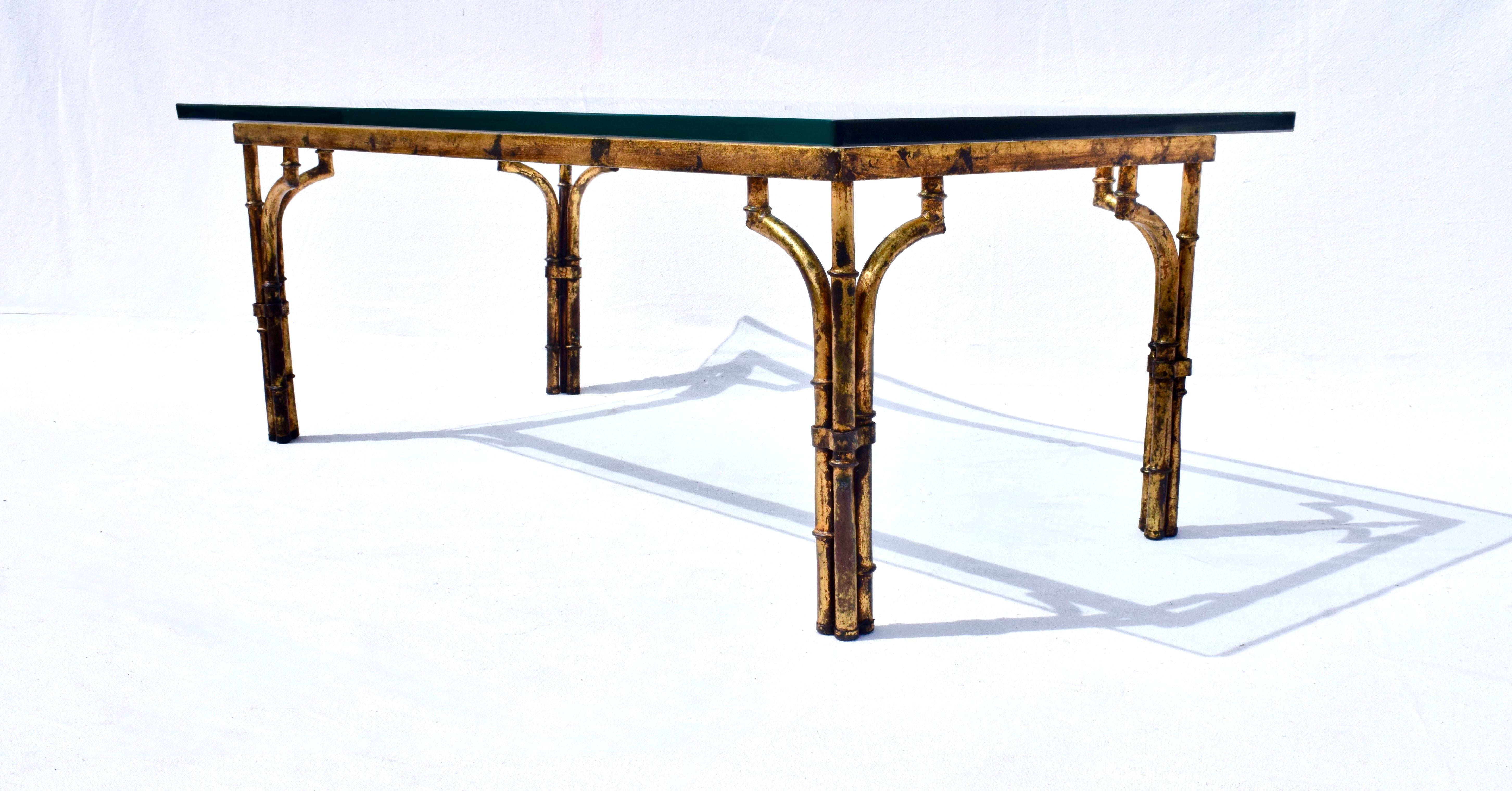 Spanish Gilt Metal Faux Bamboo Thick Glass Top Rectangle Coffee Table For Sale