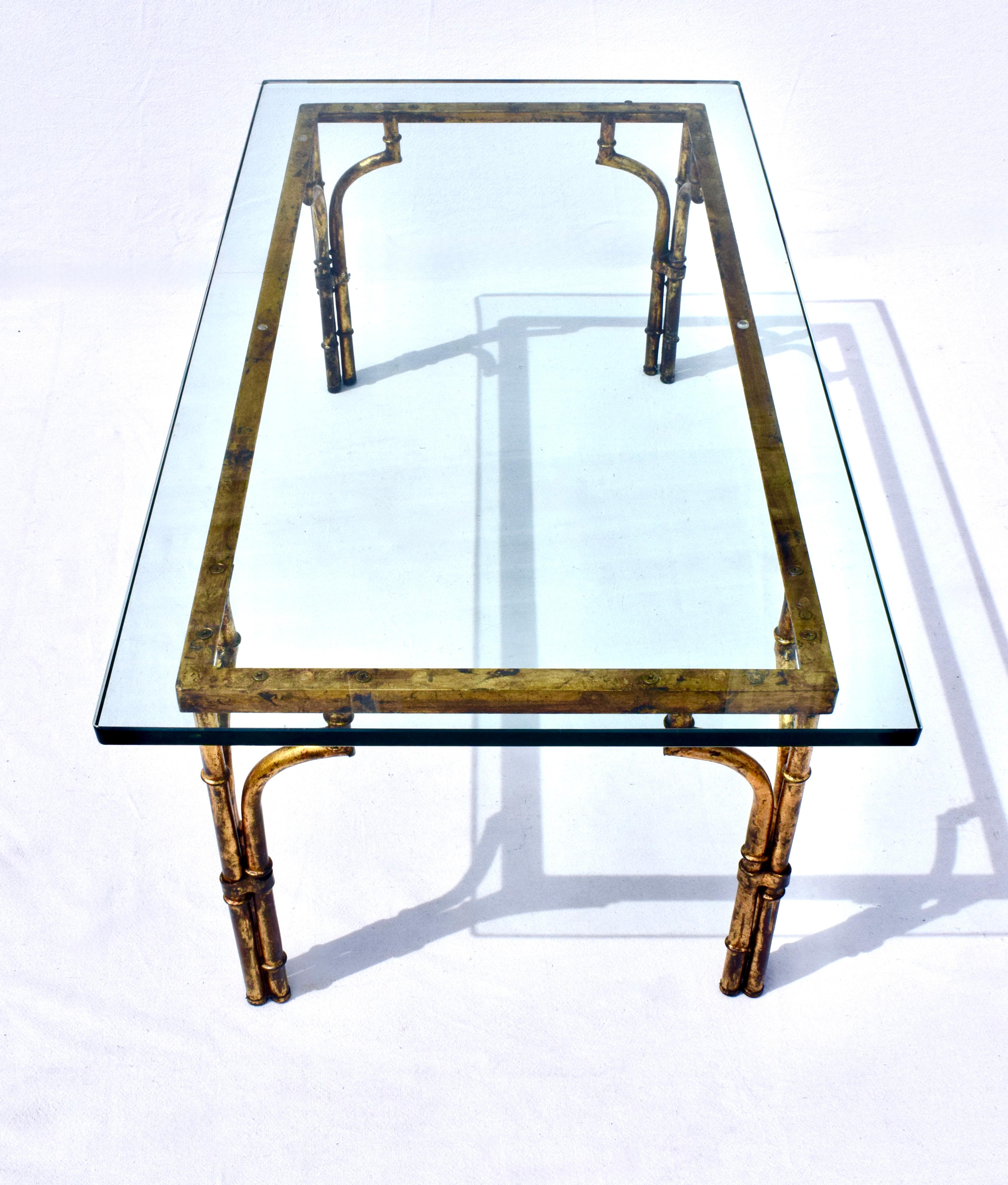 Gilt Metal Faux Bamboo Thick Glass Top Rectangle Coffee Table In Good Condition For Sale In Southampton, NJ