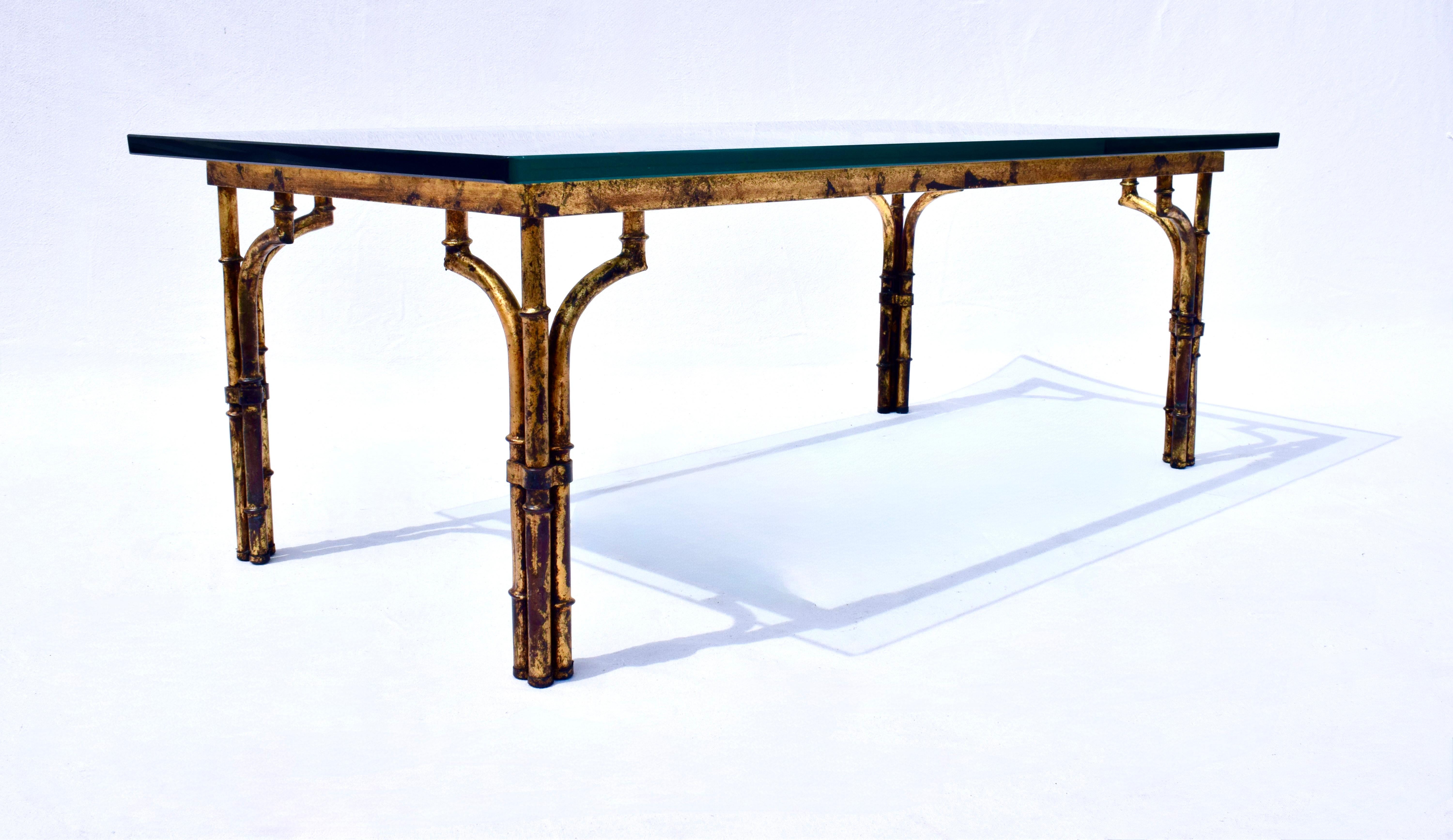 20th Century Gilt Metal Faux Bamboo Thick Glass Top Rectangle Coffee Table For Sale