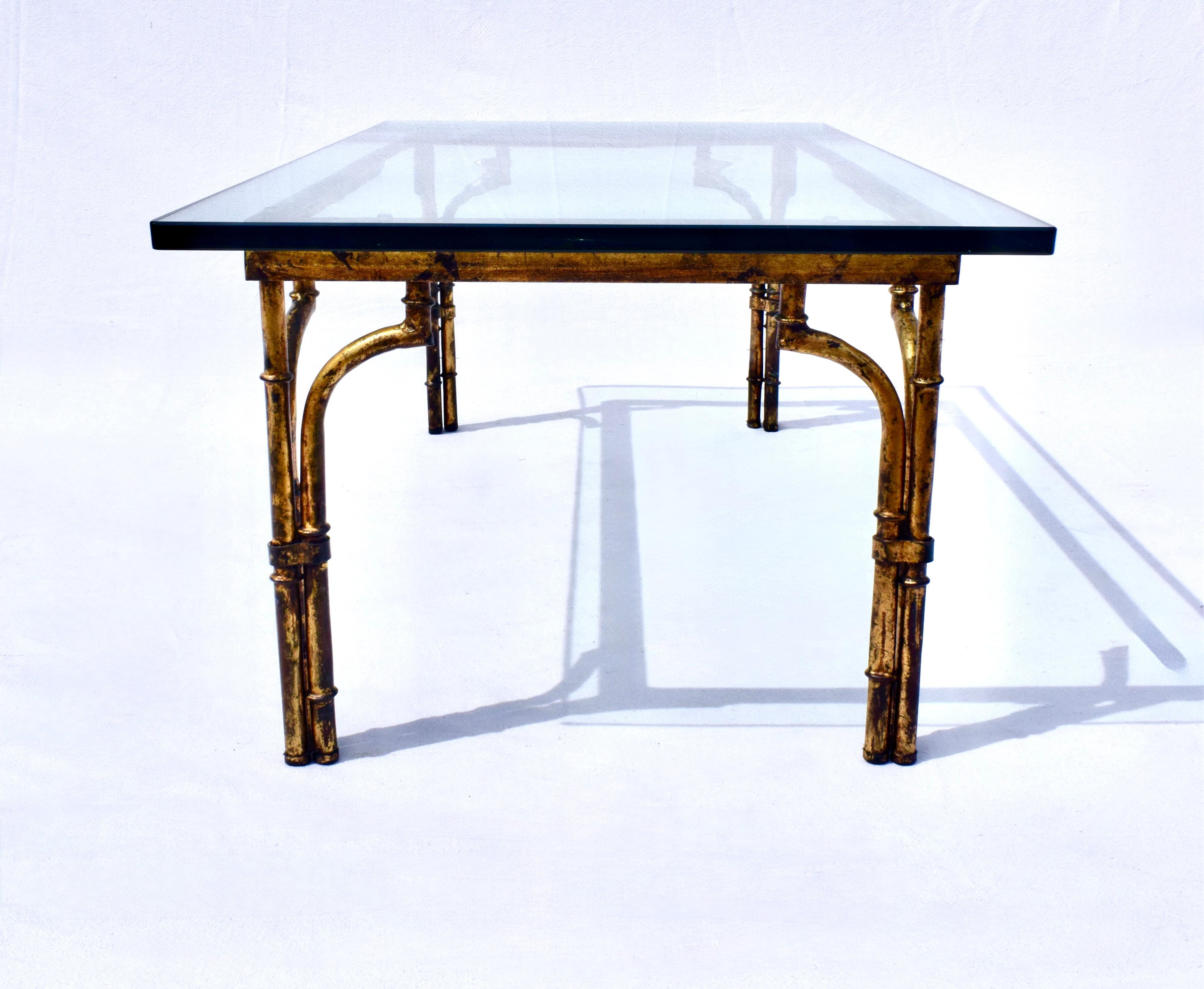 Gilt Metal Faux Bamboo Thick Glass Top Rectangle Coffee Table For Sale 1