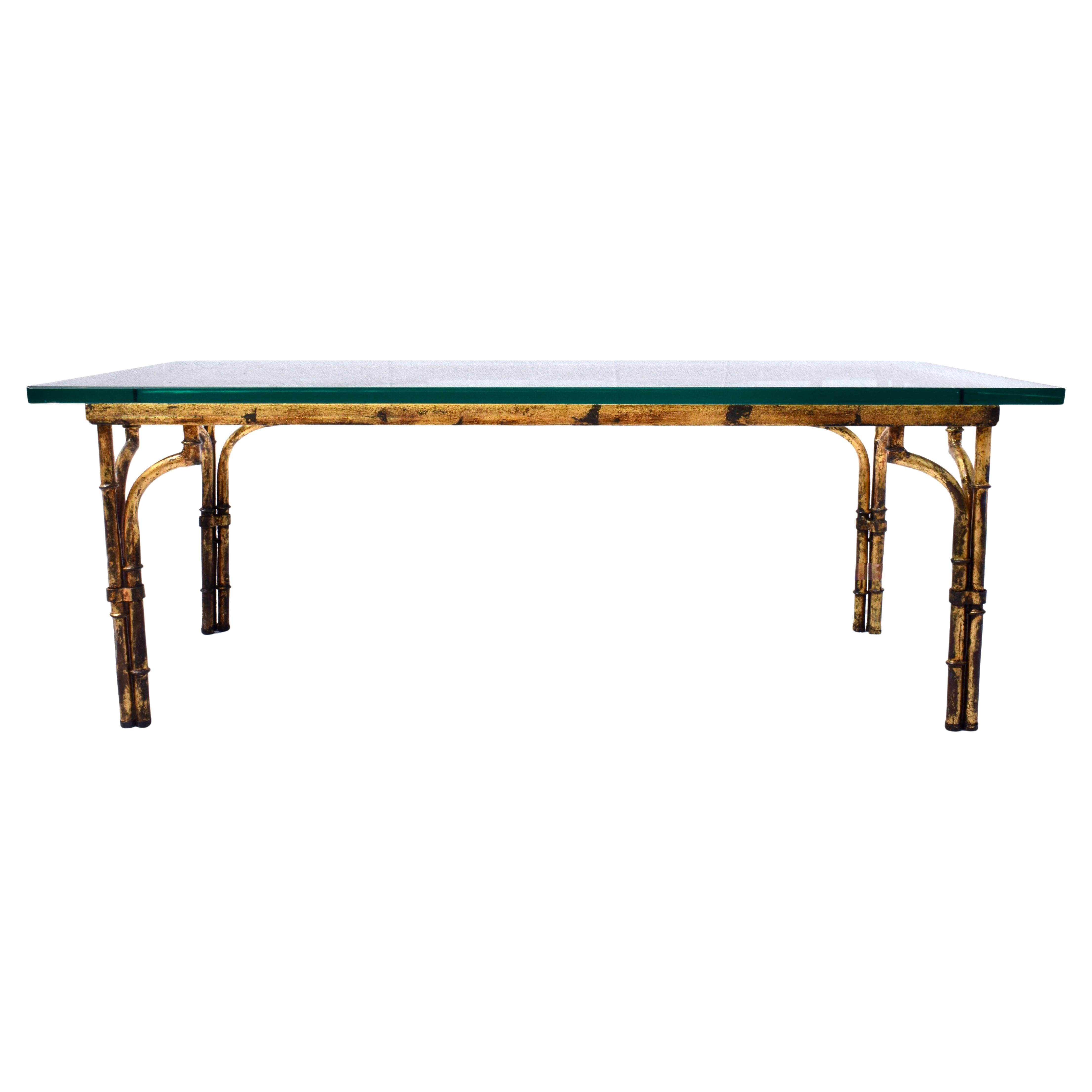 Gilt Metal Faux Bamboo Thick Glass Top Rectangle Coffee Table For Sale