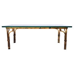 Gilt Metal Faux Bamboo Thick Glass Top Rectangle Coffee Table