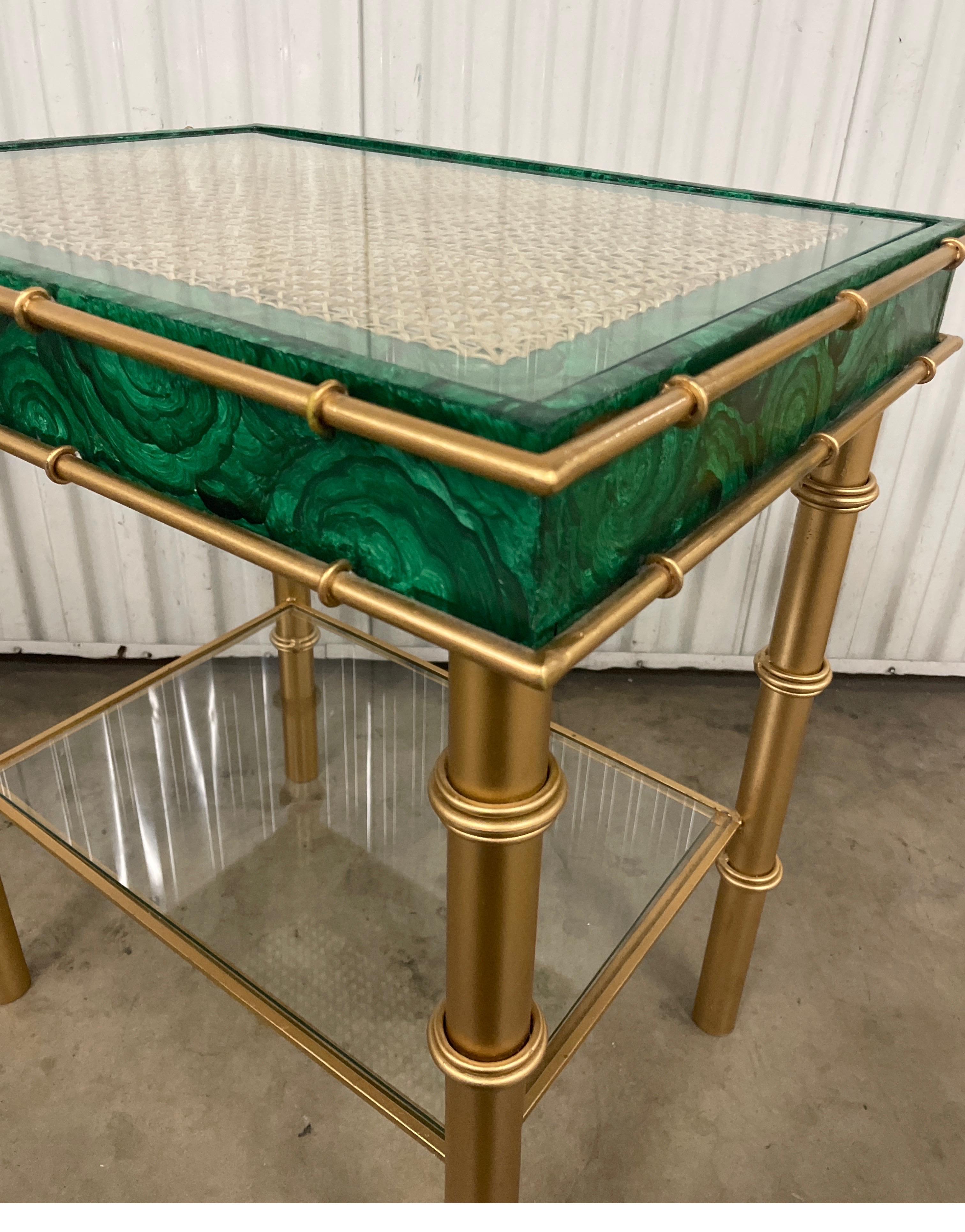 Hollywood Regency Gilt Metal & Faux Malachite Two-Tiered Side Table For Sale